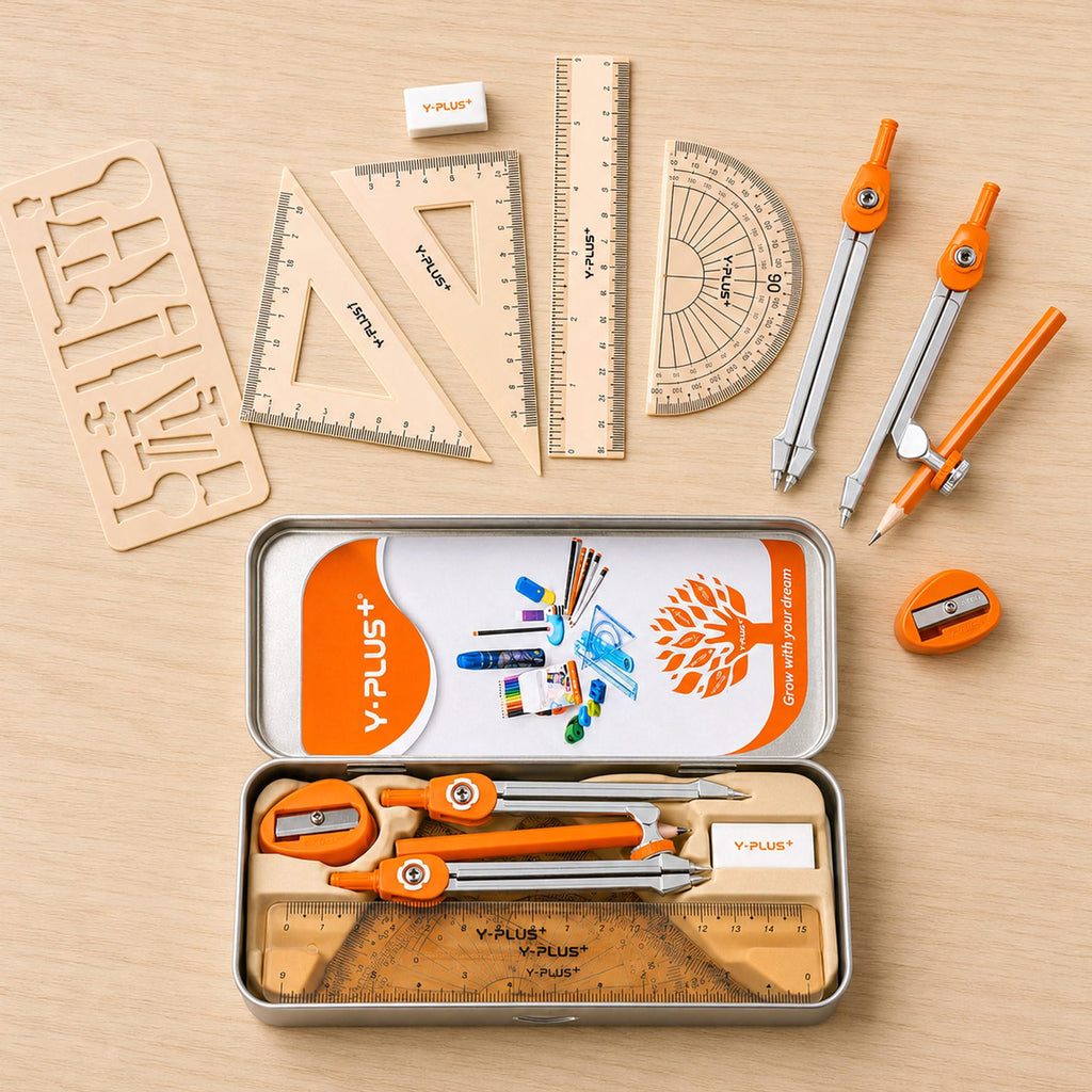 YPLUS Geometry Set for Students, Compass Drawing Tool with Metal Case, Math Protractor with Protractor, Rulers, Metal Compass, Mechanical Pencil - 12 Pcs, Back to School Supplies for Students