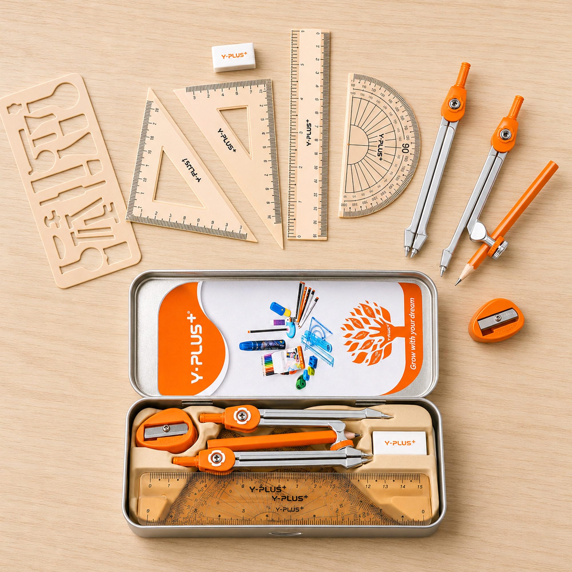 YPLUS Geometry Set for Students, Compass Drawing Tool with Metal Case, Math Protractor with Protractor, Rulers, Metal Compass, Mechanical Pencil - 12 Pcs, Back to School Supplies for Students