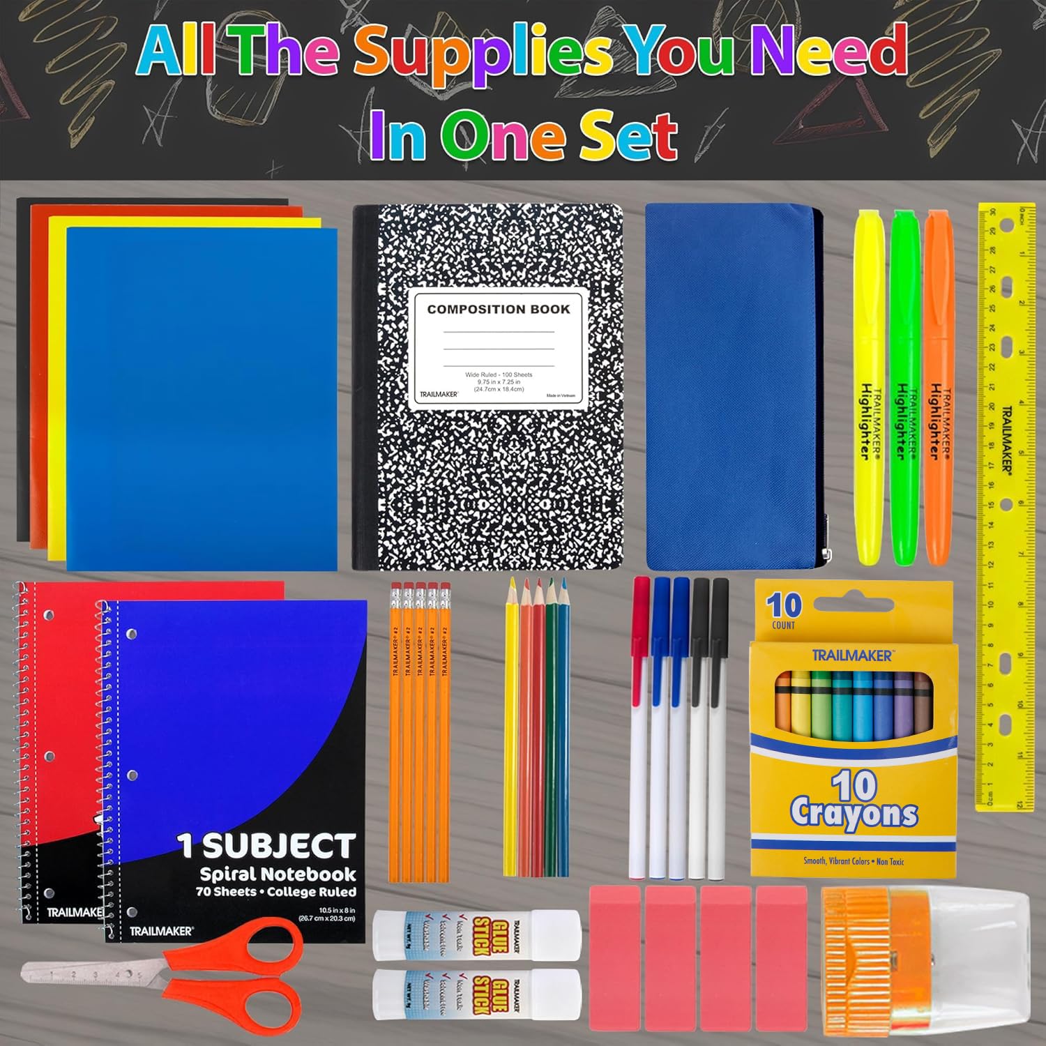 Trail maker School Supplies Kit 45 Piece School Supply Kit Grades K-12 – Back to School Essentials Includes Folders Notebooks Pencils Pens and Much More!