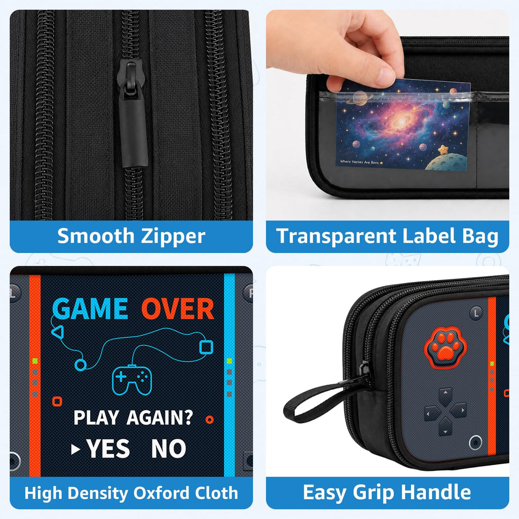 Game Controller Pencil Case for Boys Kids Teens, Large Capacity Pencil Pouch with 3 Compartments, 7 Pockets and Label Pocket for School College Office Travel (Red & Blue)