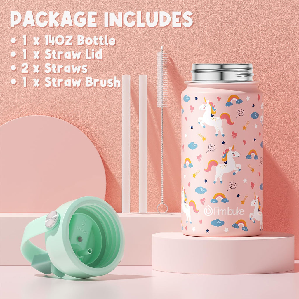 Fimibuke Kids Insulated Water Bottle, 14oz BPA FREE 18/8 Stainless Steel Travel Tumbler Double Wall Vacuum Leak Proof Kids Cup with Straw Metal Water Bottle for School Boys Girls(1 Pack, Rainbow)