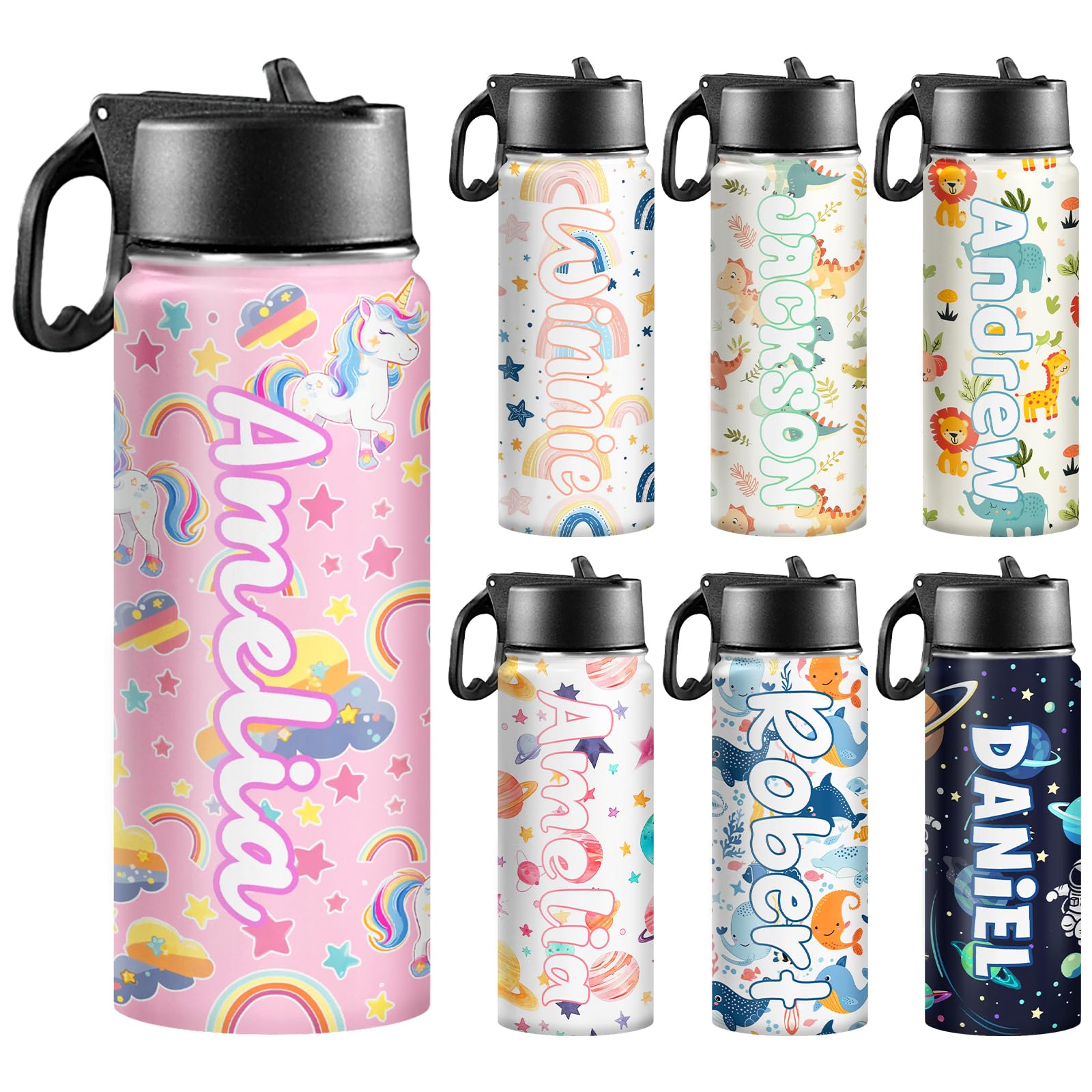 Back to School, Personalized Insulated Water Bottle for Kids 18oz Custom Name Stainless Steel Sports Water Bottles with Straw Lid Gifts for girls Boys woman man School Sports