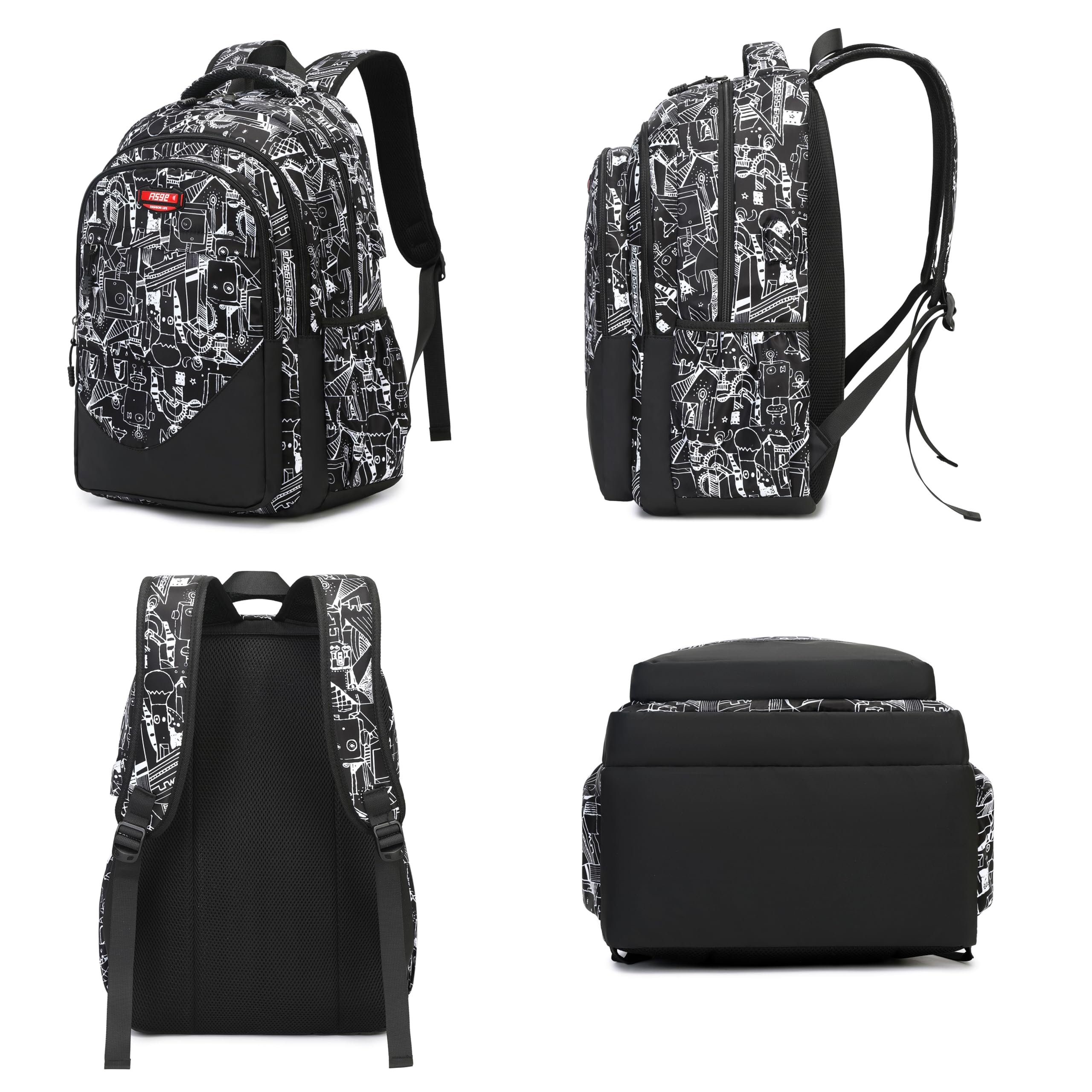 Asge Large Nylon Backpacks for Boys & Girls, Waterproof Satchel with Print, School Bags for 8-16 Years