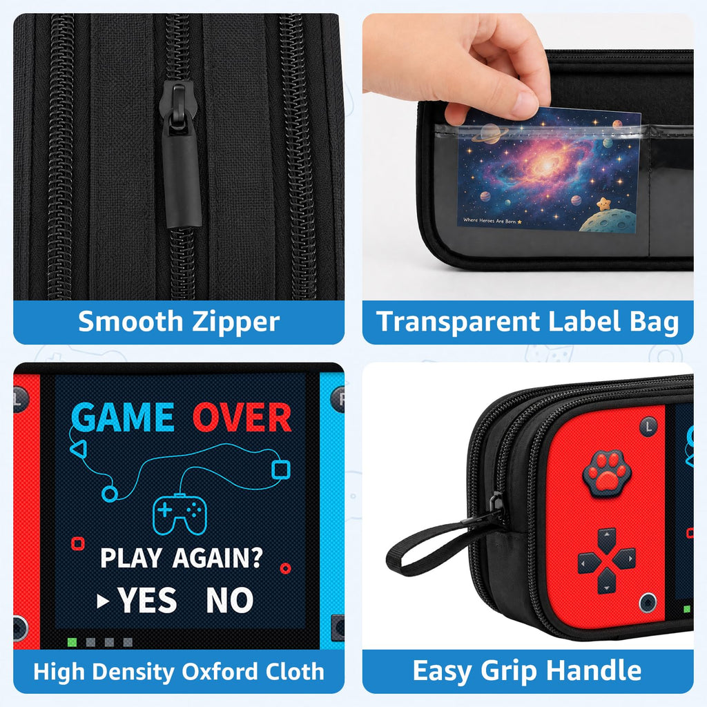 Game Controller Pencil Case for Boys Kids Teens, Large Capacity Pencil Pouch with 3 Compartments, 7 Pockets and Label Pocket for School College Office Travel (Red & Blue)