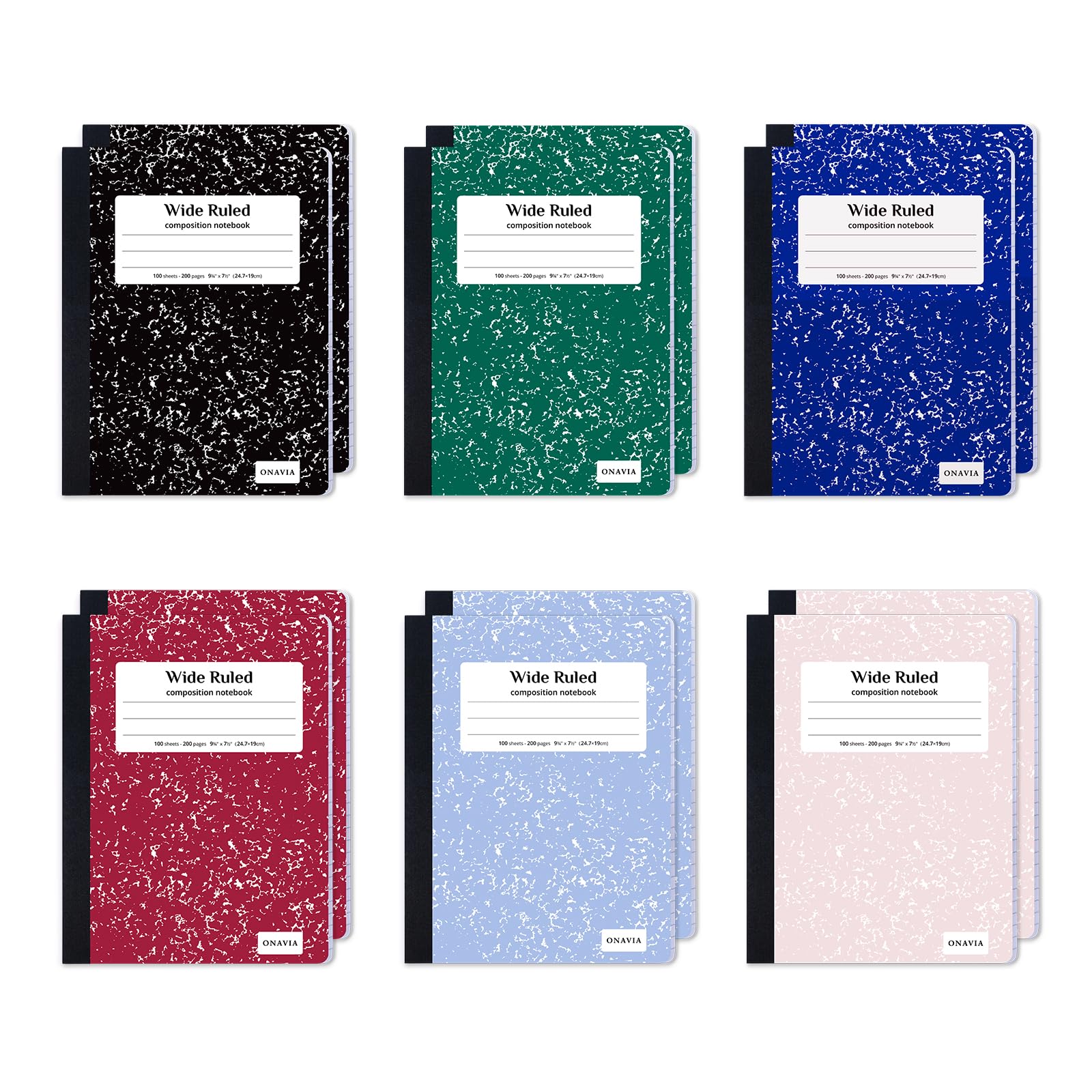 ONAVIA Composition Notebook Wide Ruled 6 Pack, 200 Pages (100 Sheets), 9-3/4 x 7-1/2, Marble Composition Books Bulk, Notebooks for School, Work, Durable Comp Book, School Supplies, Assorted Colors | 100 ct, 9.75 x 7.5 in, Wide Ruled Composition Notebook,