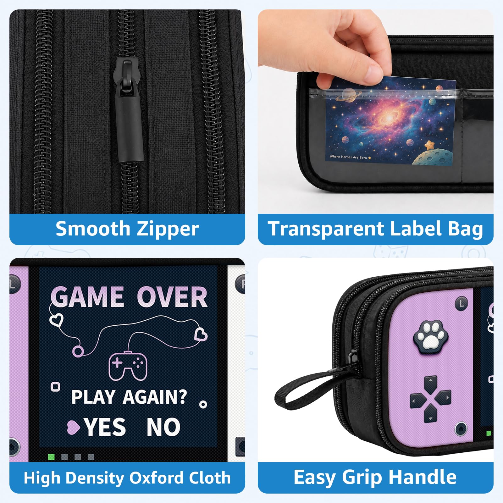 Game Controller Pencil Case for Boys Kids Teens, Large Capacity Pencil Pouch with 3 Compartments, 7 Pockets and Label Pocket for School College Office Travel (Red & Blue)
