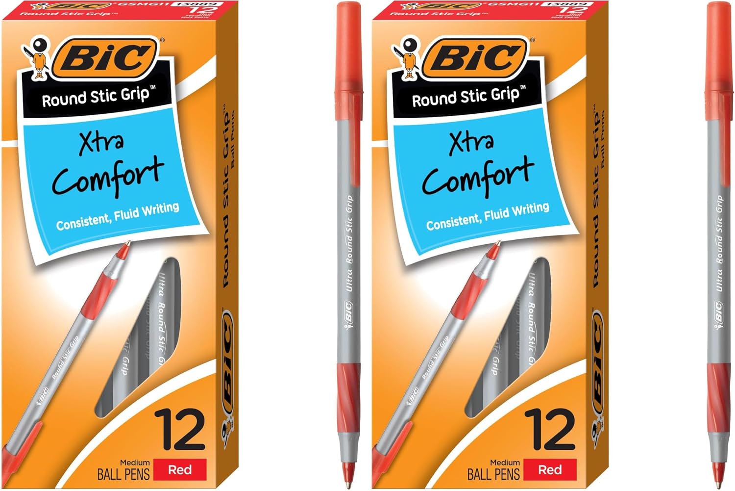 BIC Round Stic Grip Xtra Comfort Blue Ballpoint Pens, Medium Point (1.2mm), 12-Count Pack, Excellent Writing Pens With Soft Grip for Superb Comfort and Control