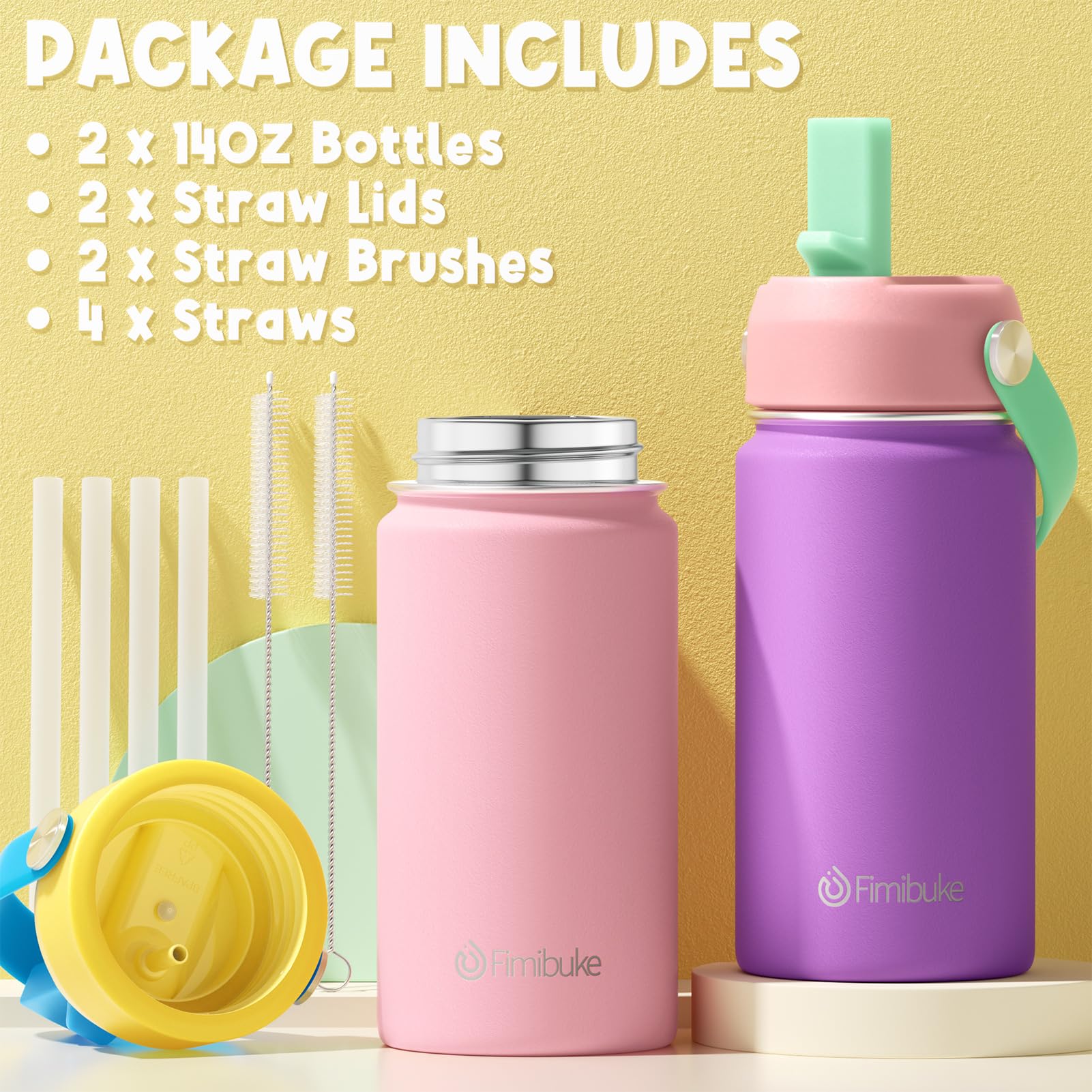 Fimibuke Kids Insulated Water Bottle, 14oz BPA FREE 18/8 Stainless Steel Travel Tumbler Double Wall Vacuum Leak Proof Kids Cup with Straw Metal Water Bottle for School Boys Girls(1 Pack, Rainbow)