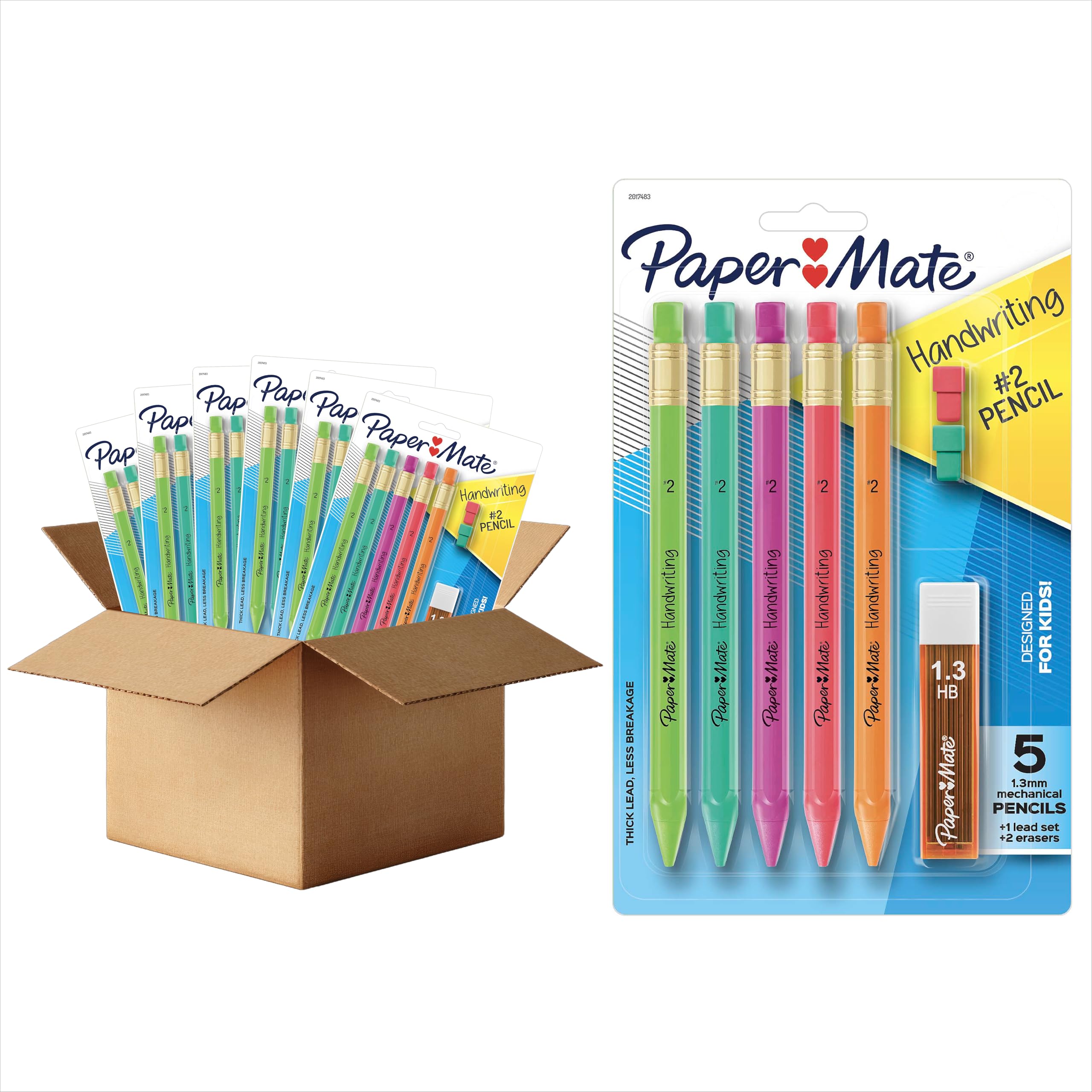 Paper Mate Handwriting Triangular Mechanical Pencils with Lead & Eraser Refills, 1.3mm, Fun Barrel Colors, 5 Count - School Supplies, Kids Writing