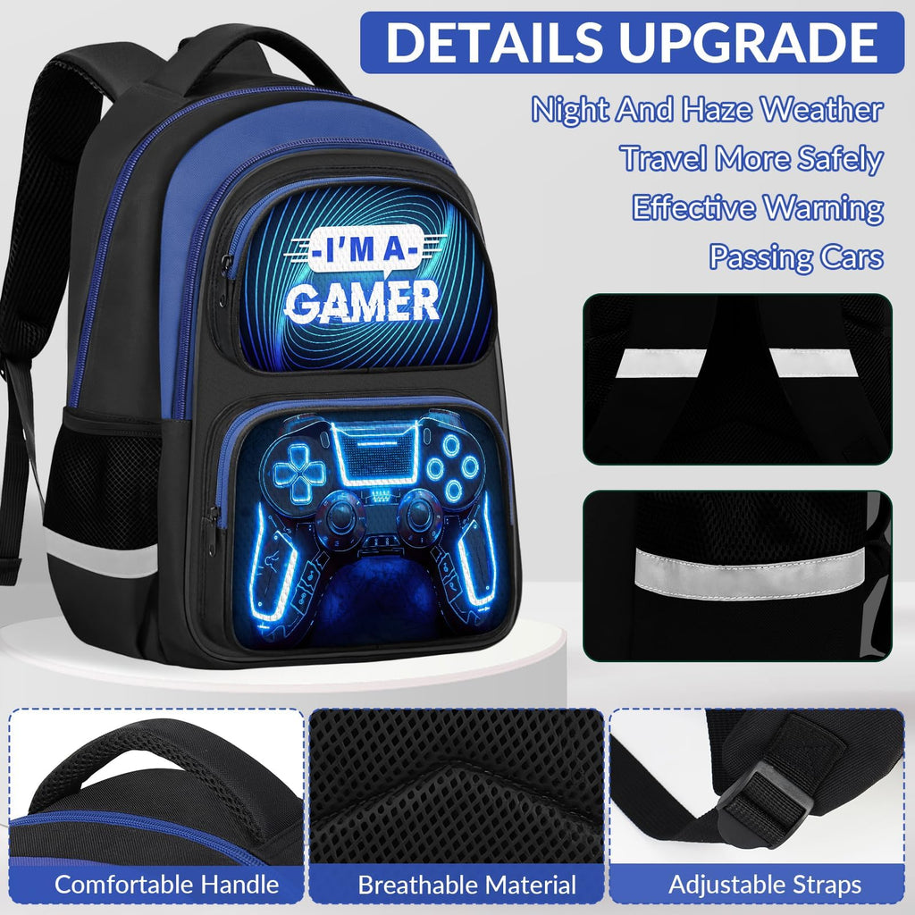 School Backpack for Boys - Gamer Boys Backpack for Kids Children Teens Elementary Middle School - 17″ Video Game Bookbag Travel Back Pack for Age 6-18