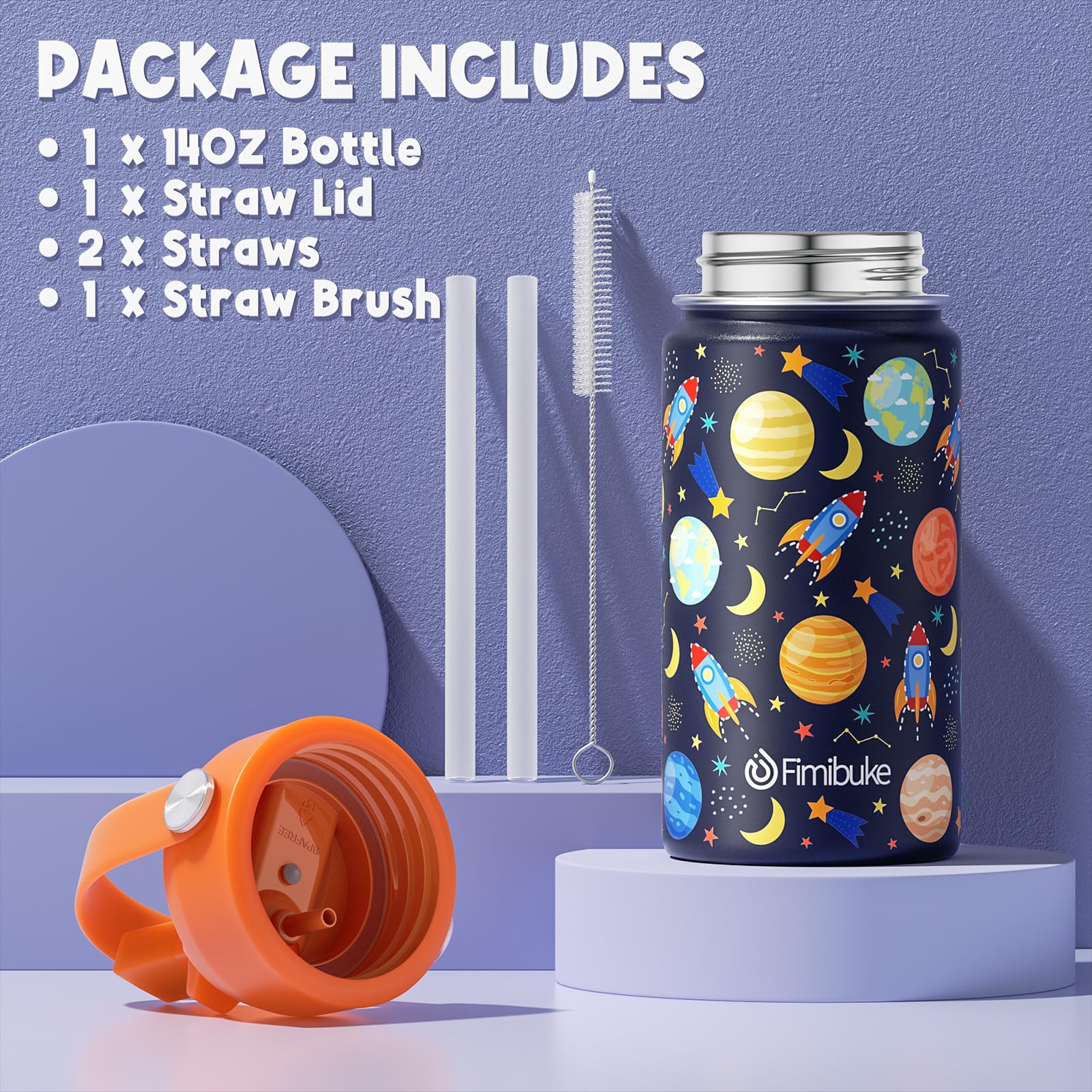 Fimibuke Kids Insulated Water Bottle, 14oz BPA FREE 18/8 Stainless Steel Travel Tumbler Double Wall Vacuum Leak Proof Kids Cup with Straw Metal Water Bottle for School Boys Girls(1 Pack, Rainbow)