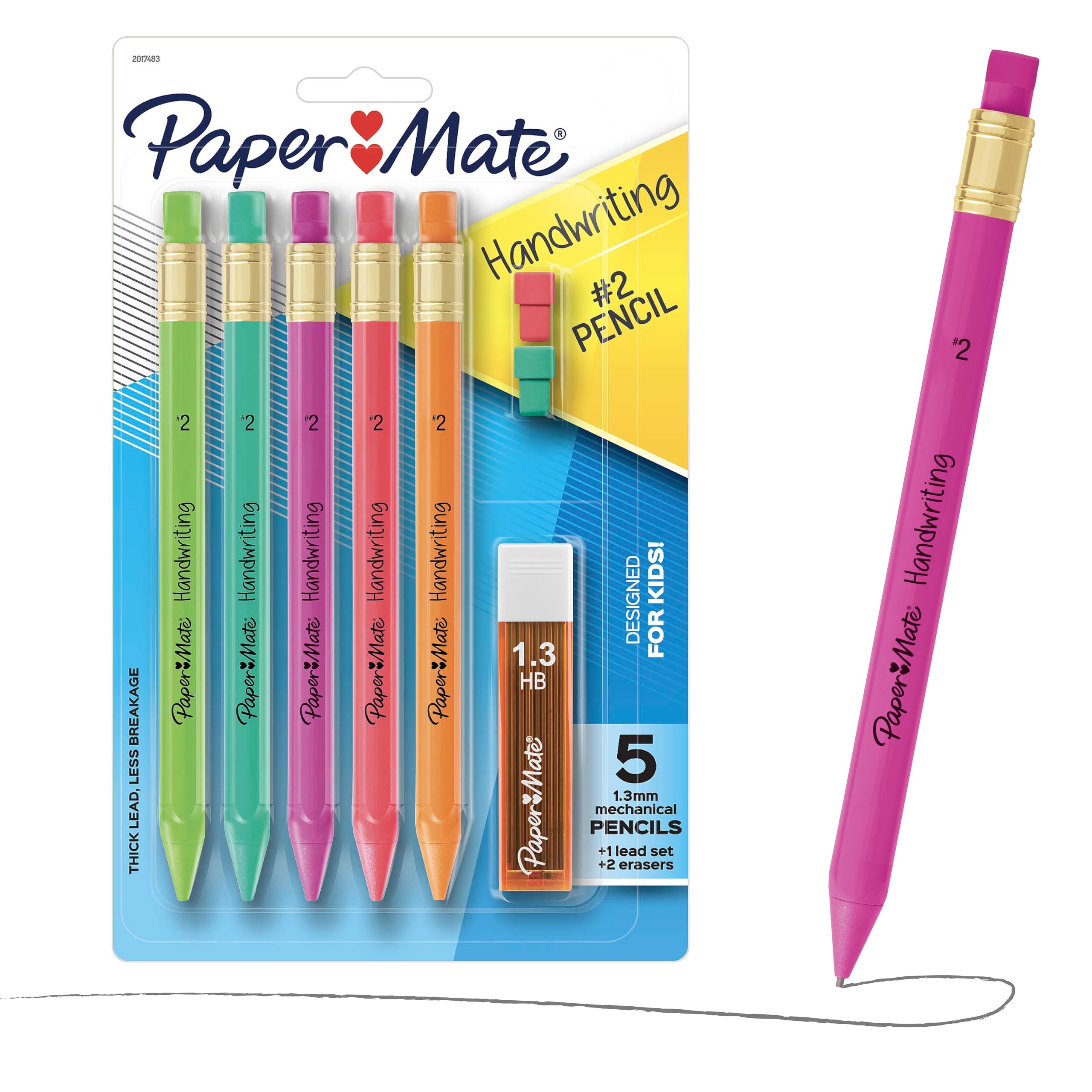 Paper Mate Handwriting Triangular Mechanical Pencils with Lead & Eraser Refills, 1.3mm, Fun Barrel Colors, 5 Count - School Supplies, Kids Writing