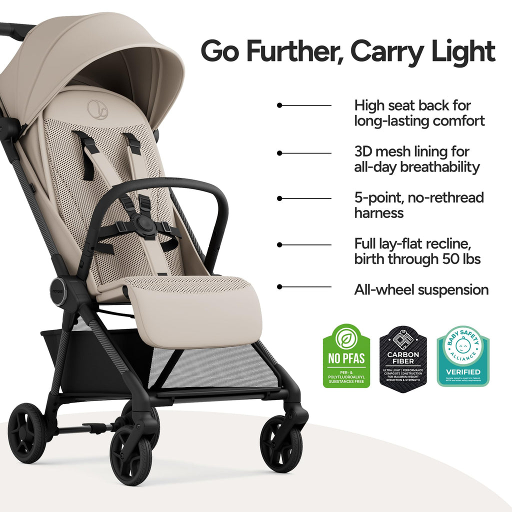 Mompush Nexis Carbon Travel Stroller, Ultra-Lightweight 11.5 lbs, Compact & Airplane Carry-On Approved, One-Second Auto-Fold, One-Hand Full Recline, from Birth to 50 lbs, JPMA Certified, Khaki