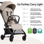 Mompush Nexis Carbon Travel Stroller, Ultra-Lightweight 11.5 lbs, Compact & Airplane Carry-On Approved, One-Second Auto-Fold, One-Hand Full Recline, from Birth to 50 lbs, JPMA Certified, Khaki
