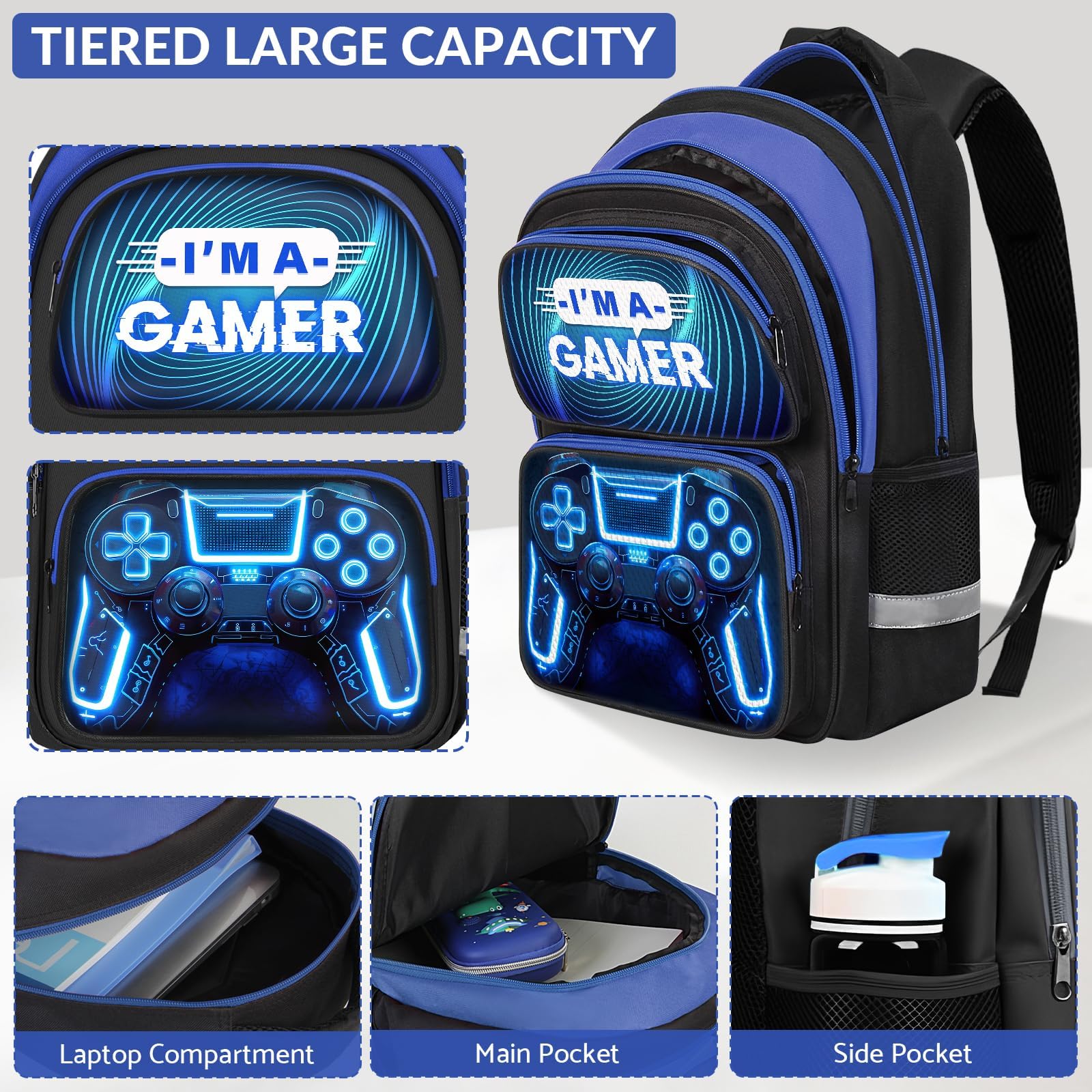 School Backpack for Boys - Gamer Boys Backpack for Kids Children Teens Elementary Middle School - 17″ Video Game Bookbag Travel Back Pack for Age 6-18
