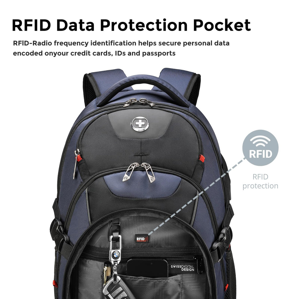 Swissdigital Design Laptop Backpack with USB Charging Port, Travel Backpack Fits 15.6 inches Computer, 31L College School Backpack for Men, Black | SD803-01
