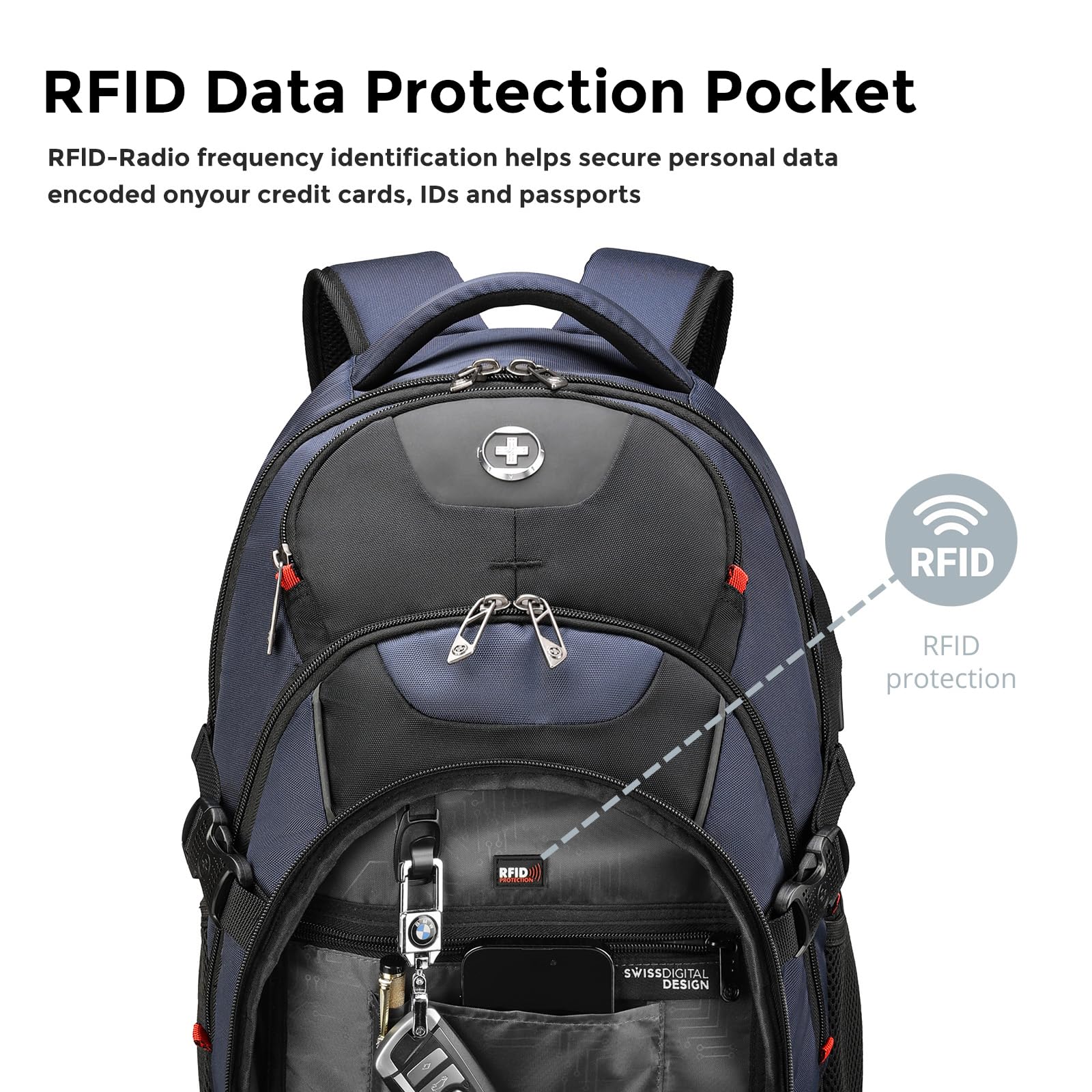 Swissdigital Design Laptop Backpack with USB Charging Port, Travel Backpack Fits 15.6 inches Computer, 31L College School Backpack for Men, Black | SD803-01