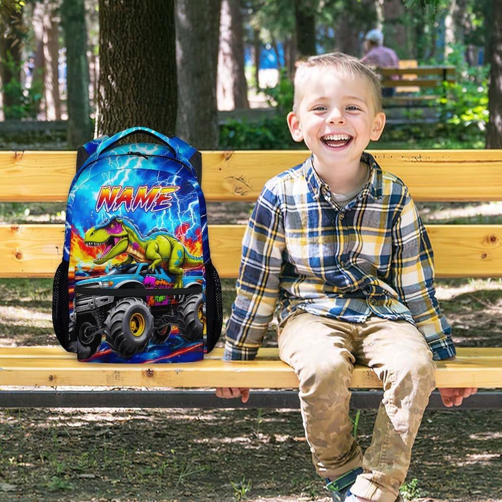 Dinosaur Backpack for Kids Personalized Boys Truck Bookbag with Name - 17 Inch Toddler School Bag with Padded Straps for Preschool Kindergarten Elementary