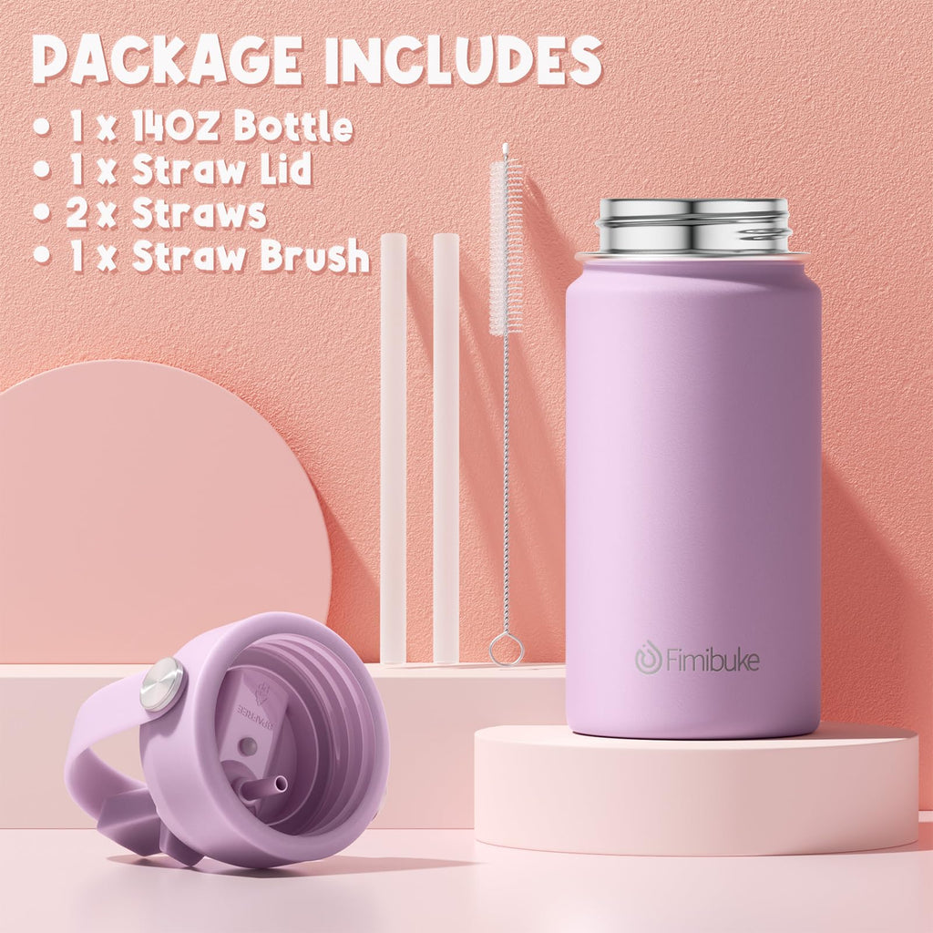 Fimibuke Kids Insulated Water Bottle, 14oz BPA FREE 18/8 Stainless Steel Travel Tumbler Double Wall Vacuum Leak Proof Kids Cup with Straw Metal Water Bottle for School Boys Girls(1 Pack, Rainbow)