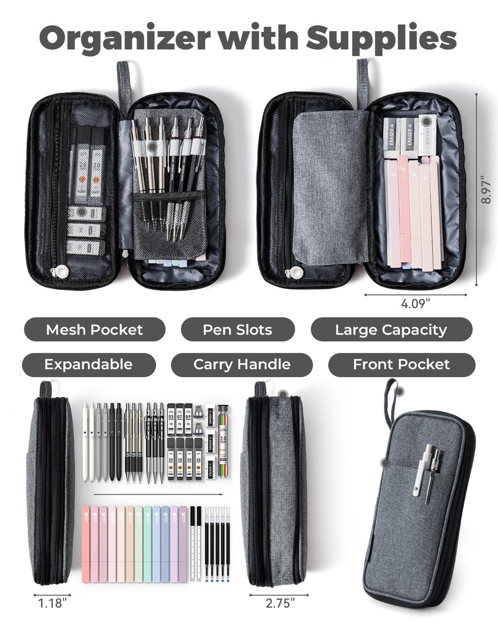 Four Candies 39 PCS Aesthetic Stationery Set with Cute Pen Case, College Supplies and Nursing Essentials, 12 Pastel Highlighters, 5 Black Gel Pens, 6 Mechanical Pencils, Pink