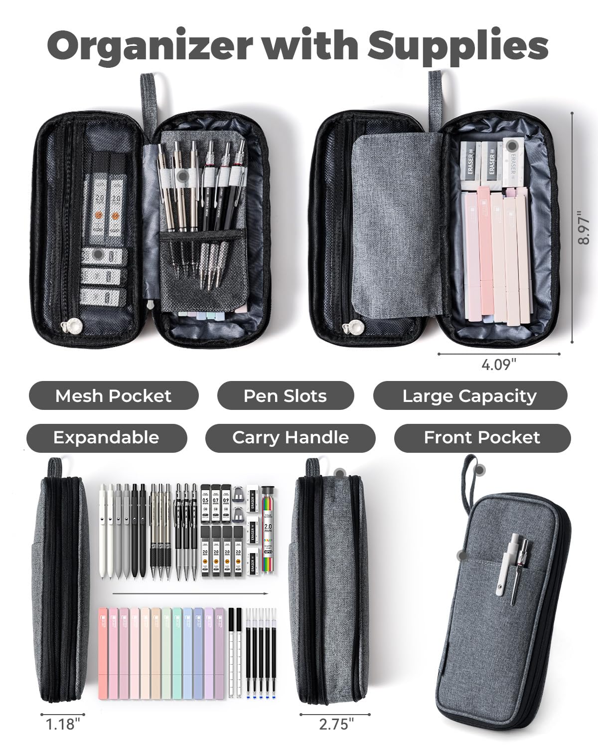 Four Candies 39 PCS Aesthetic Stationery Set with Cute Pen Case, College Supplies and Nursing Essentials, 12 Pastel Highlighters, 5 Black Gel Pens, 6 Mechanical Pencils, Pink