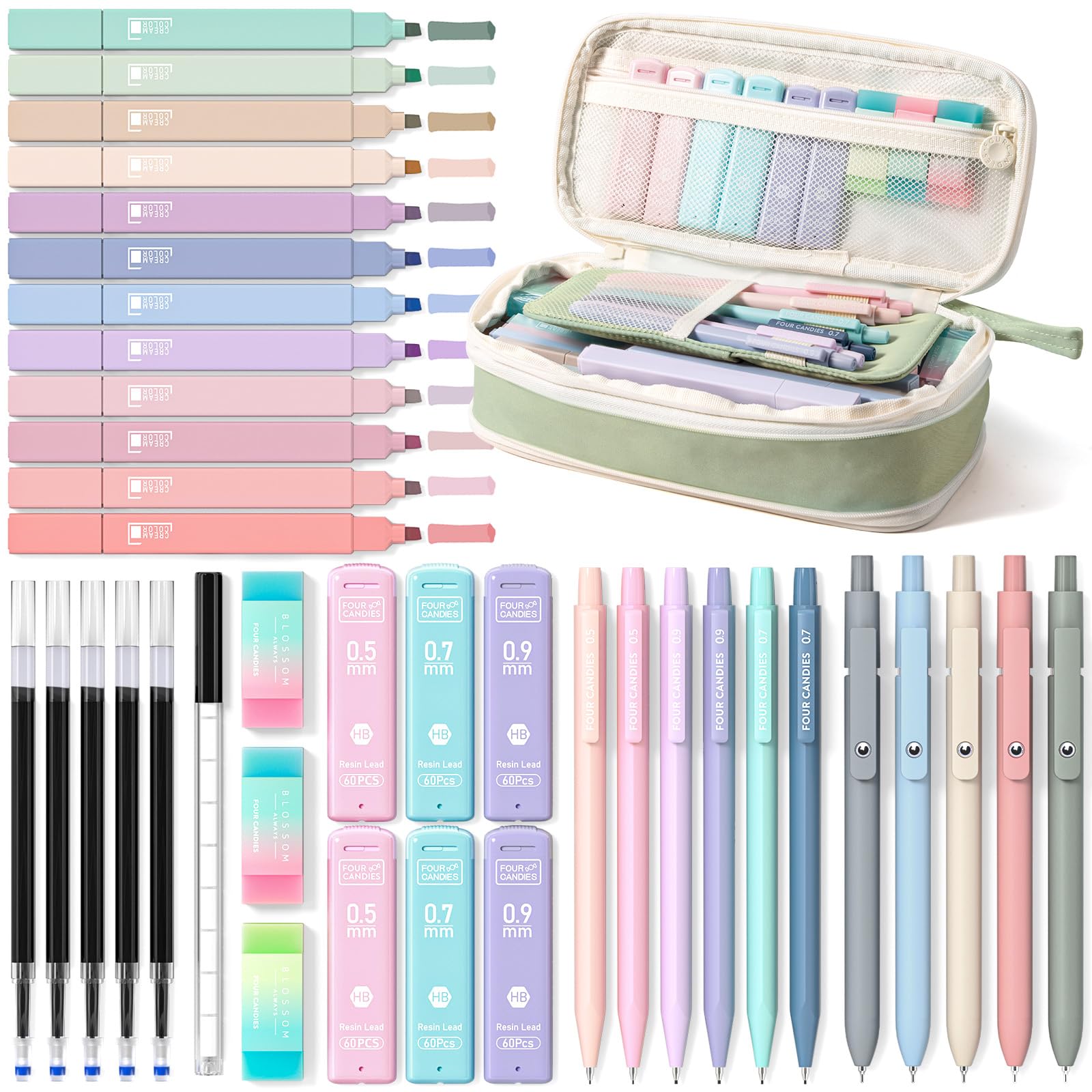 Four Candies 39 PCS Aesthetic Stationery Set with Cute Pen Case, College Supplies and Nursing Essentials, 12 Pastel Highlighters, 5 Black Gel Pens, 6 Mechanical Pencils, Pink