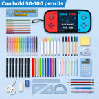 Game Controller Pencil Case for Boys Kids Teens, Large Capacity Pencil Pouch with 3 Compartments, 7 Pockets and Label Pocket for School College Office Travel (Red & Blue)