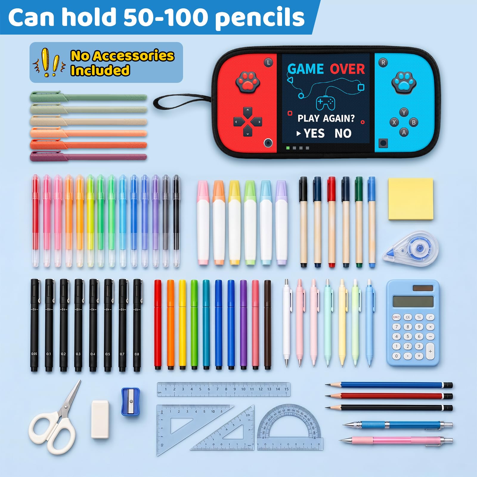 Game Controller Pencil Case for Boys Kids Teens, Large Capacity Pencil Pouch with 3 Compartments, 7 Pockets and Label Pocket for School College Office Travel (Red & Blue)