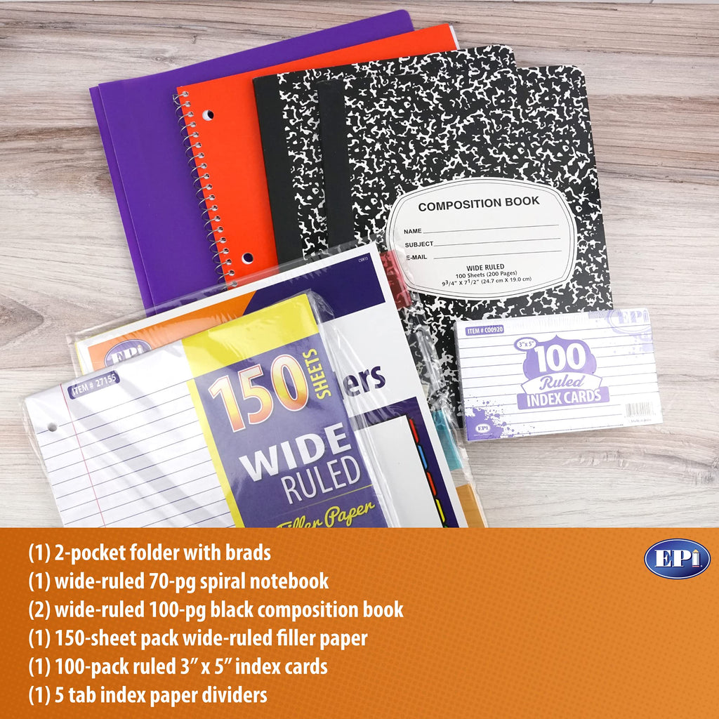 EPI Essentials Back to School Supplies for Kids 6th-12th Grade – 51 Items in Kit – Middle to High School Supply Packs – College-Ruled Bundle with Composition Notebooks – Suitable for Homeschooling