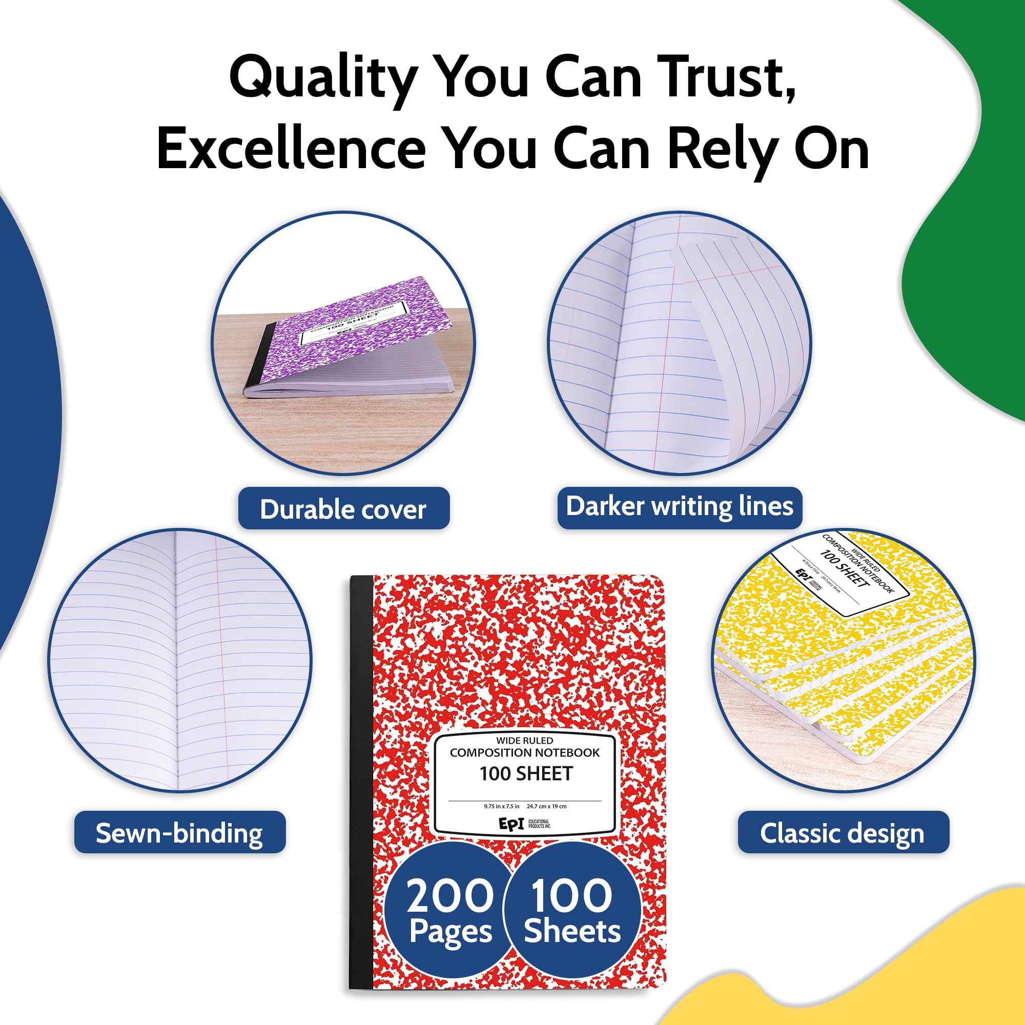 4 Pack - EPI Marble Hardcover Wide Ruled Composition Notebook | 200 Pages (100 Sheets), 9.75 x 7.5 in, Sturdy Sewn Binding | School, Office, Journaling, Notes
