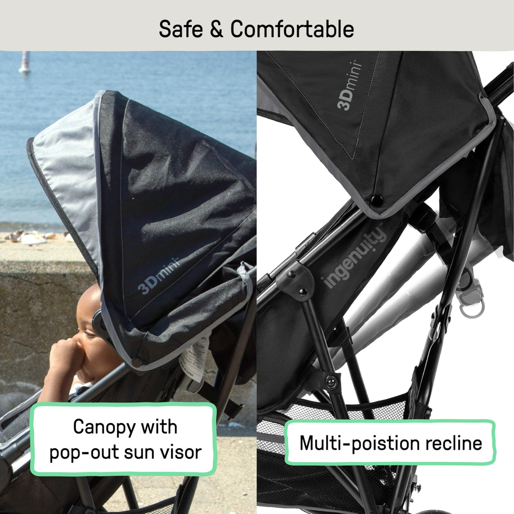 Ingenuity 3D Mini Convenience Stroller – Lightweight Stroller with Compact Fold, Multi-Position Recline, Canopy with Pop Out Sun Visor and More – Umbrella Stroller for Travel, Pink
