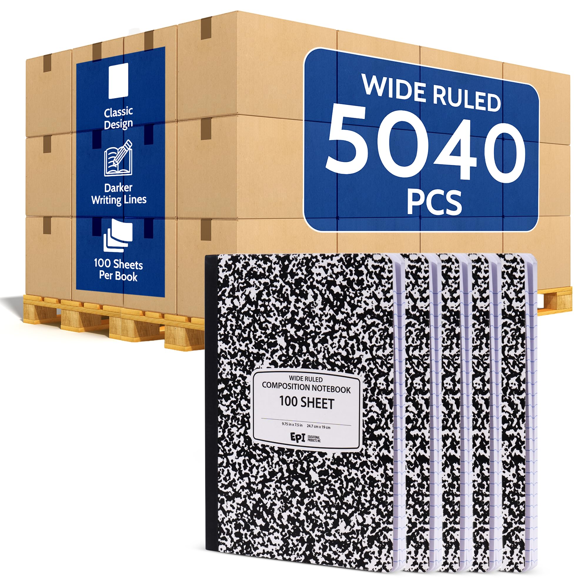 4 Pack - EPI Marble Hardcover Wide Ruled Composition Notebook | 200 Pages (100 Sheets), 9.75 x 7.5 in, Sturdy Sewn Binding | School, Office, Journaling, Notes