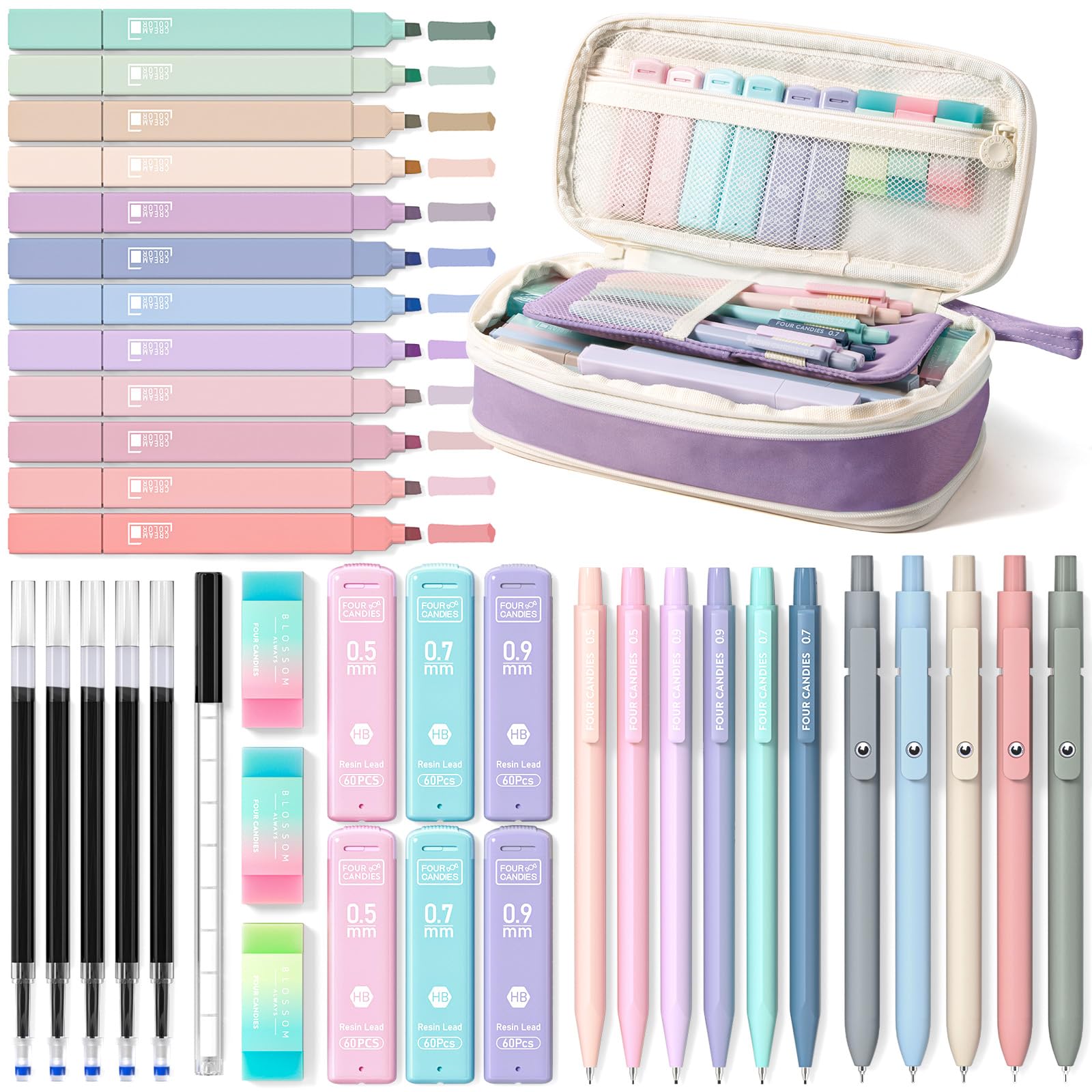 Four Candies 39 PCS Aesthetic Stationery Set with Cute Pen Case, College Supplies and Nursing Essentials, 12 Pastel Highlighters, 5 Black Gel Pens, 6 Mechanical Pencils, Pink