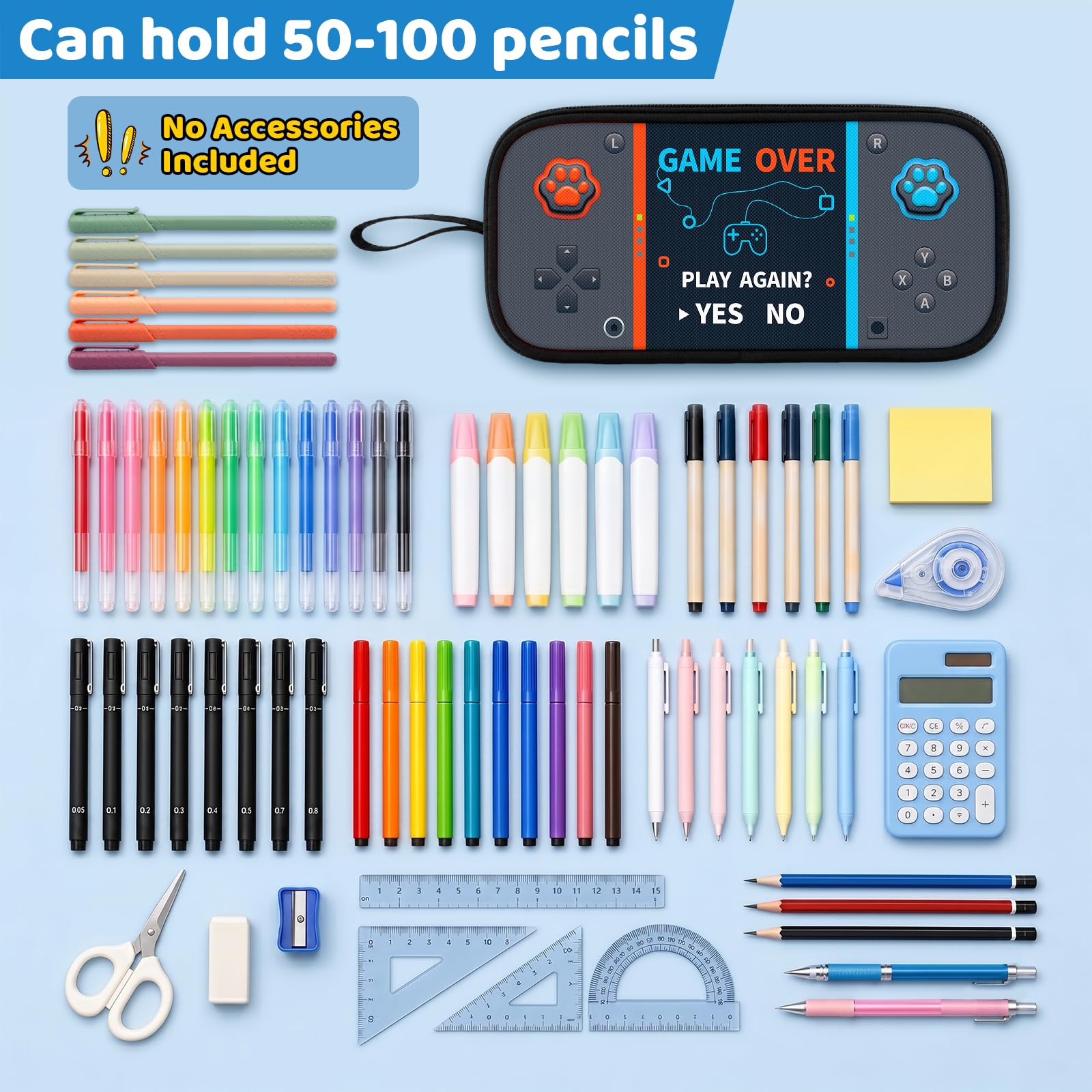Game Controller Pencil Case for Boys Kids Teens, Large Capacity Pencil Pouch with 3 Compartments, 7 Pockets and Label Pocket for School College Office Travel (Red & Blue)