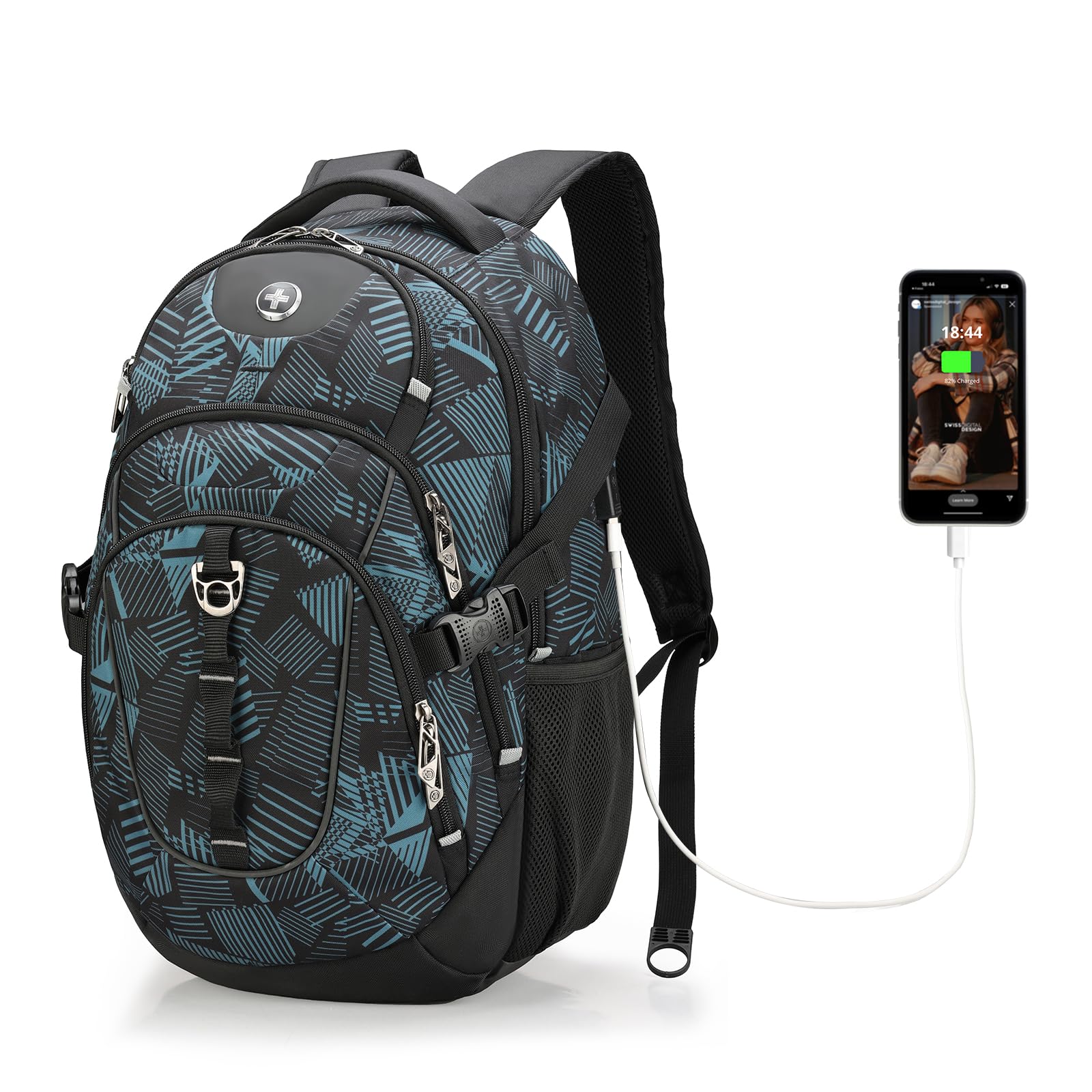 Swissdigital Design Laptop Backpack with USB Charging Port, Travel Backpack Fits 15.6 inches Computer, 31L College School Backpack for Men, Black | SD803-01