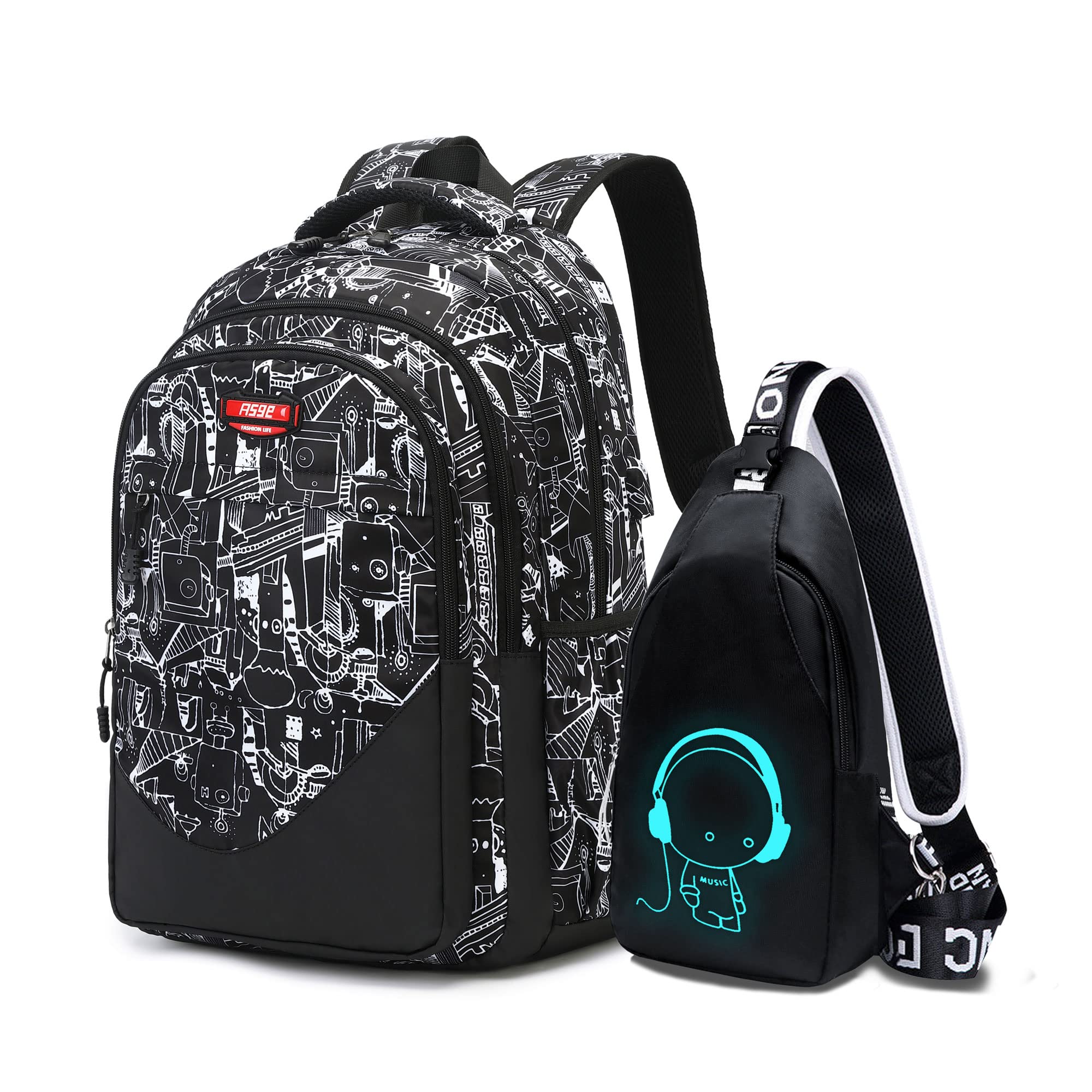 Asge Large Nylon Backpacks for Boys & Girls, Waterproof Satchel with Print, School Bags for 8-16 Years
