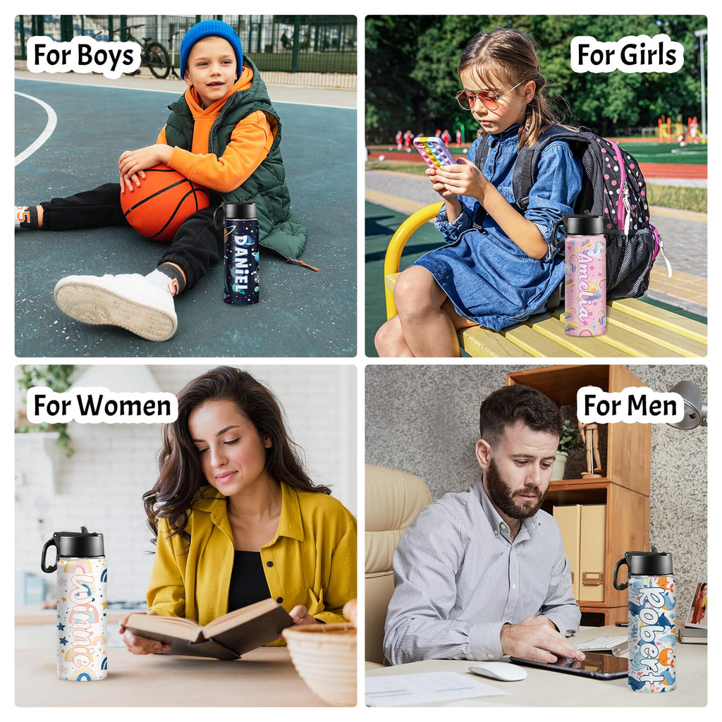 Back to School, Personalized Insulated Water Bottle for Kids 18oz Custom Name Stainless Steel Sports Water Bottles with Straw Lid Gifts for girls Boys woman man School Sports