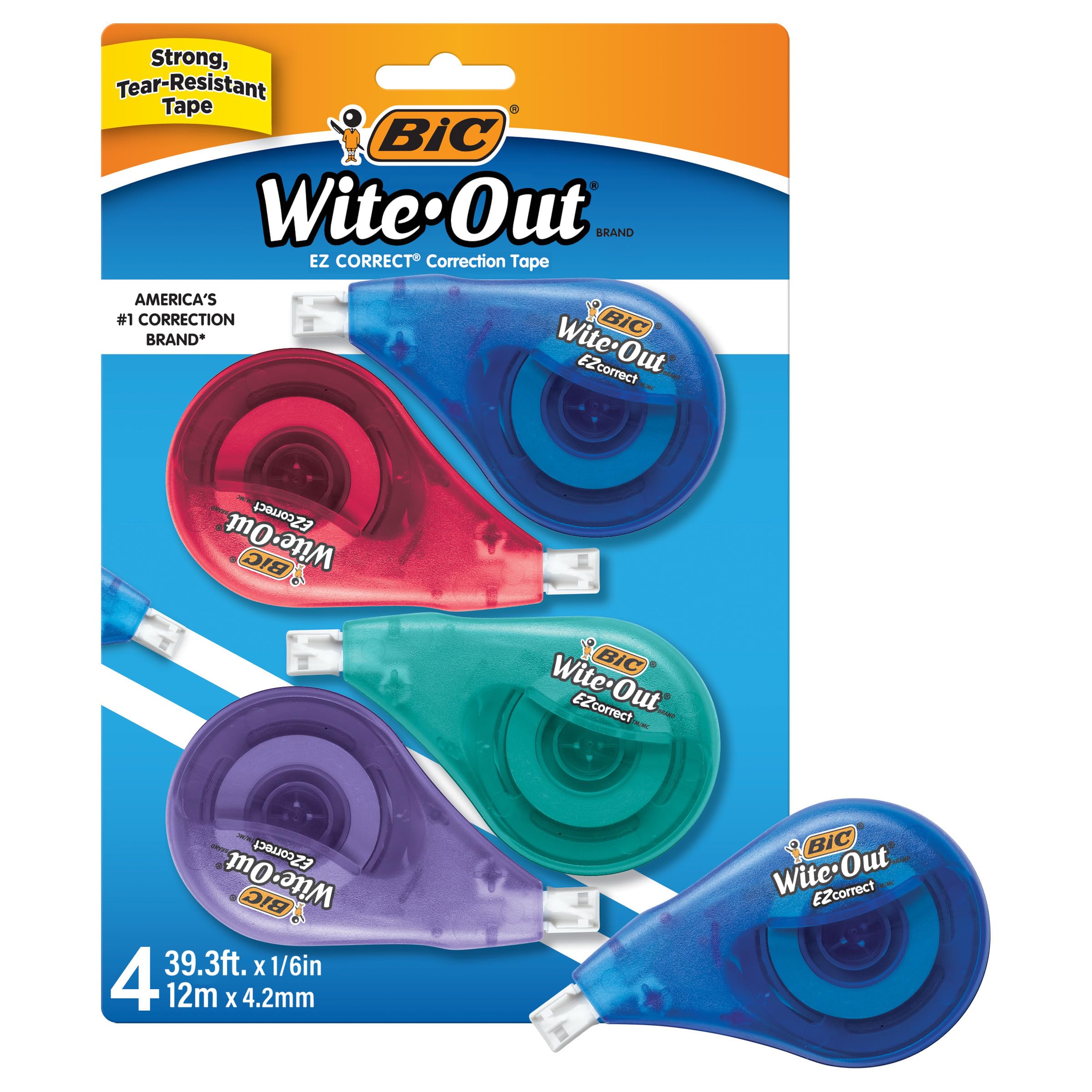 BIC Wite-Out EZ Correct Correction Tape, School Supplies for Students and Teachers, Applies Dry, No Dry Time, Tear Resistant, 4-Count Pack in White