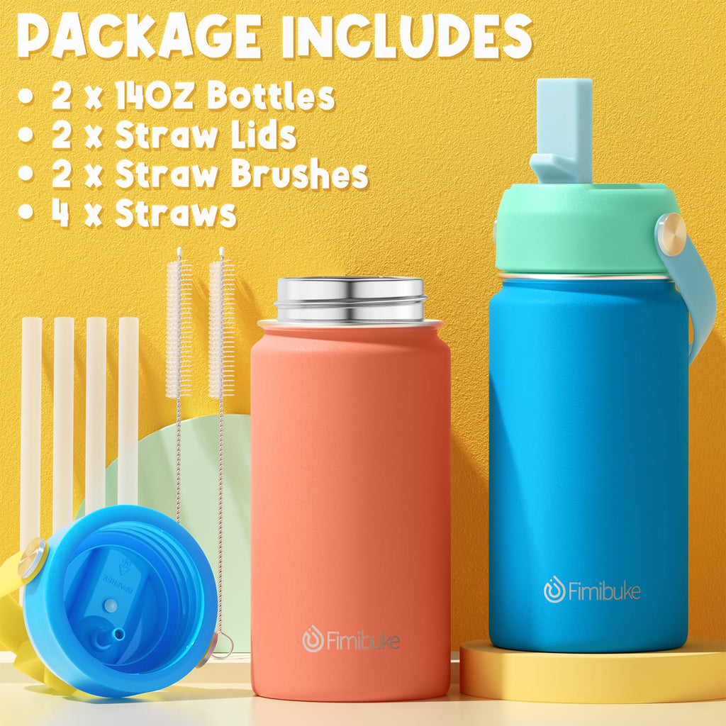 Fimibuke Kids Insulated Water Bottle, 14oz BPA FREE 18/8 Stainless Steel Travel Tumbler Double Wall Vacuum Leak Proof Kids Cup with Straw Metal Water Bottle for School Boys Girls(1 Pack, Rainbow)