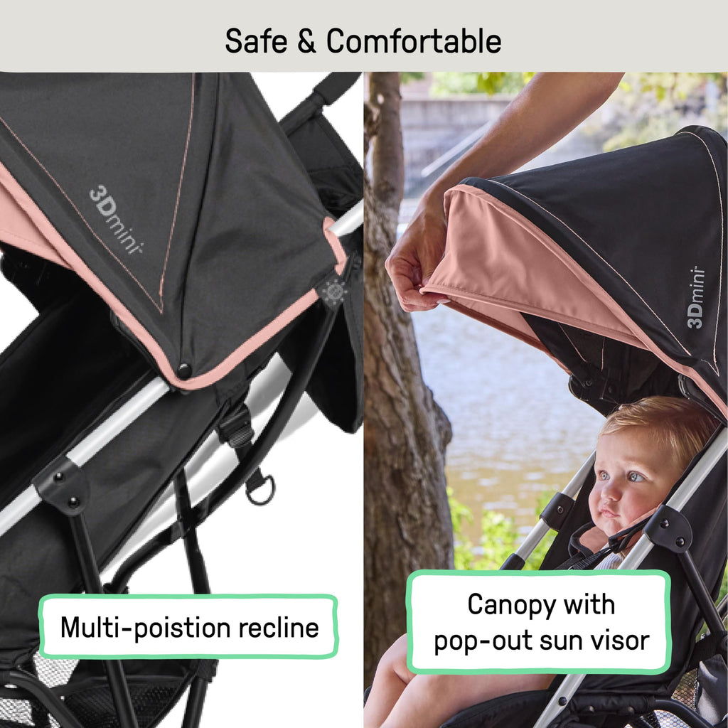 Ingenuity 3D Mini Convenience Stroller – Lightweight Stroller with Compact Fold, Multi-Position Recline, Canopy with Pop Out Sun Visor and More – Umbrella Stroller for Travel, Pink