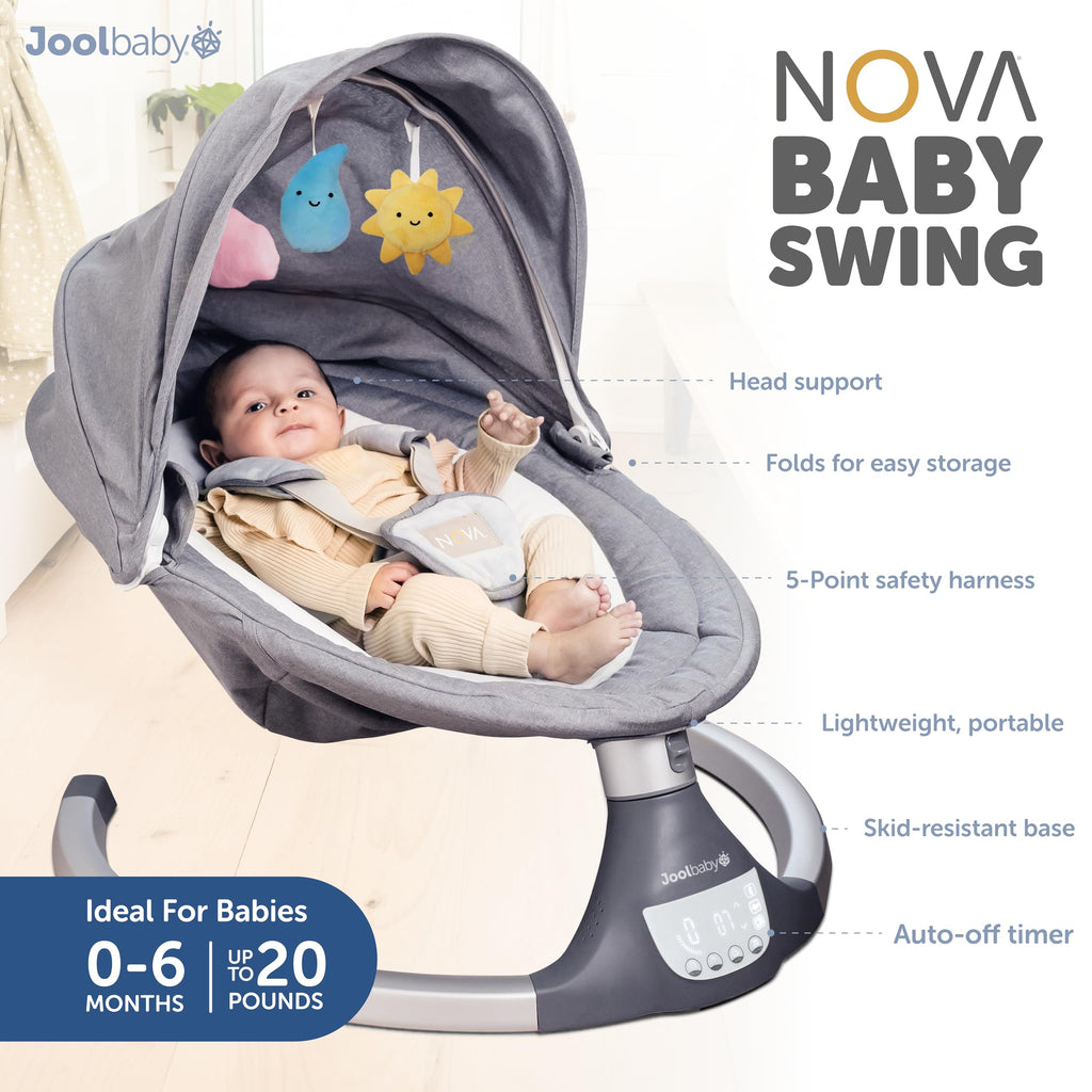 Jool Baby Nova Baby Swing for Infants – Bluetooth Music, Remote (Gray) | Keep Baby Happy While Getting Things Done – Gentle Side-to-Side Motion Helps Baby Feel Content