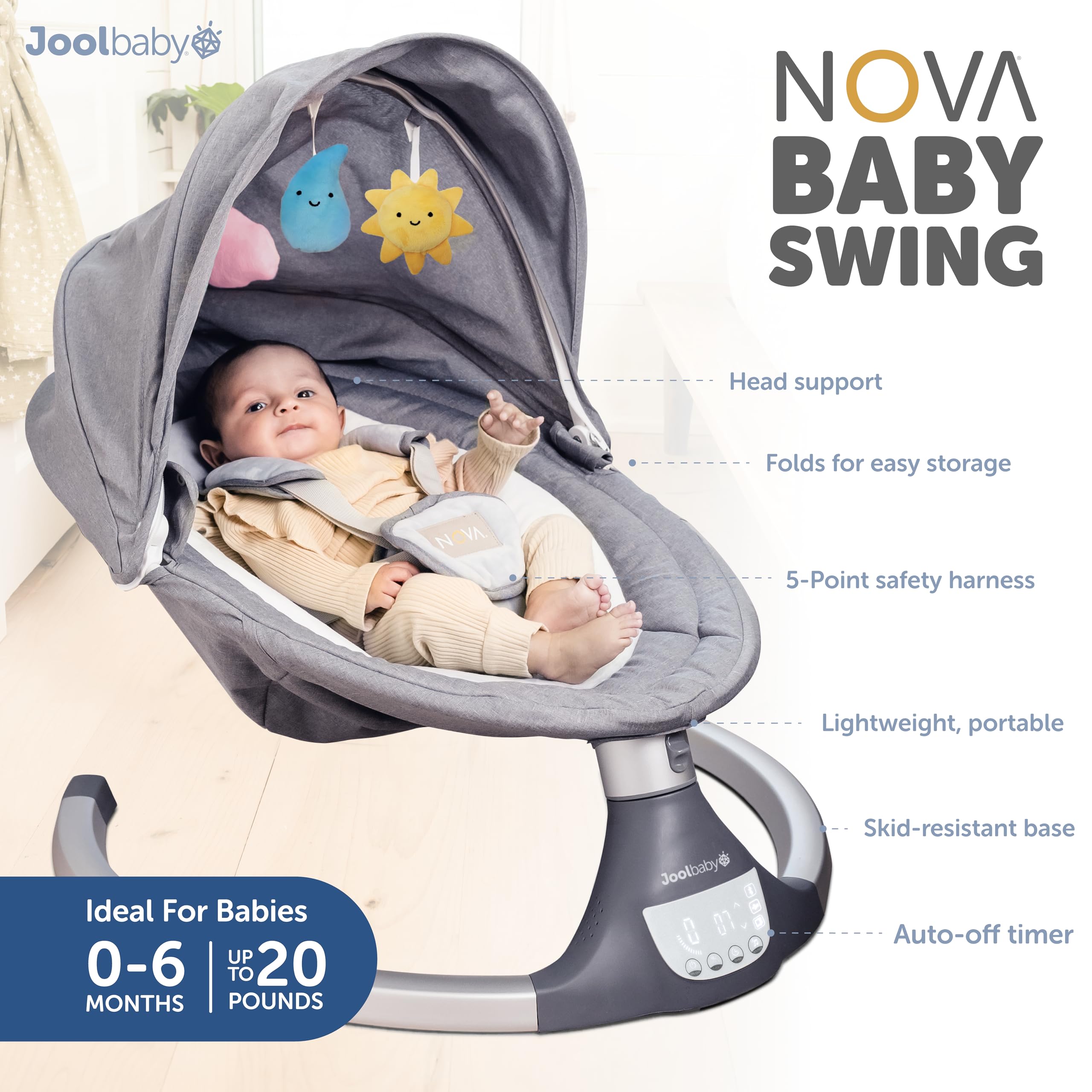Jool Baby Nova Baby Swing for Infants – Bluetooth Music, Remote (Gray) | Keep Baby Happy While Getting Things Done – Gentle Side-to-Side Motion Helps Baby Feel Content