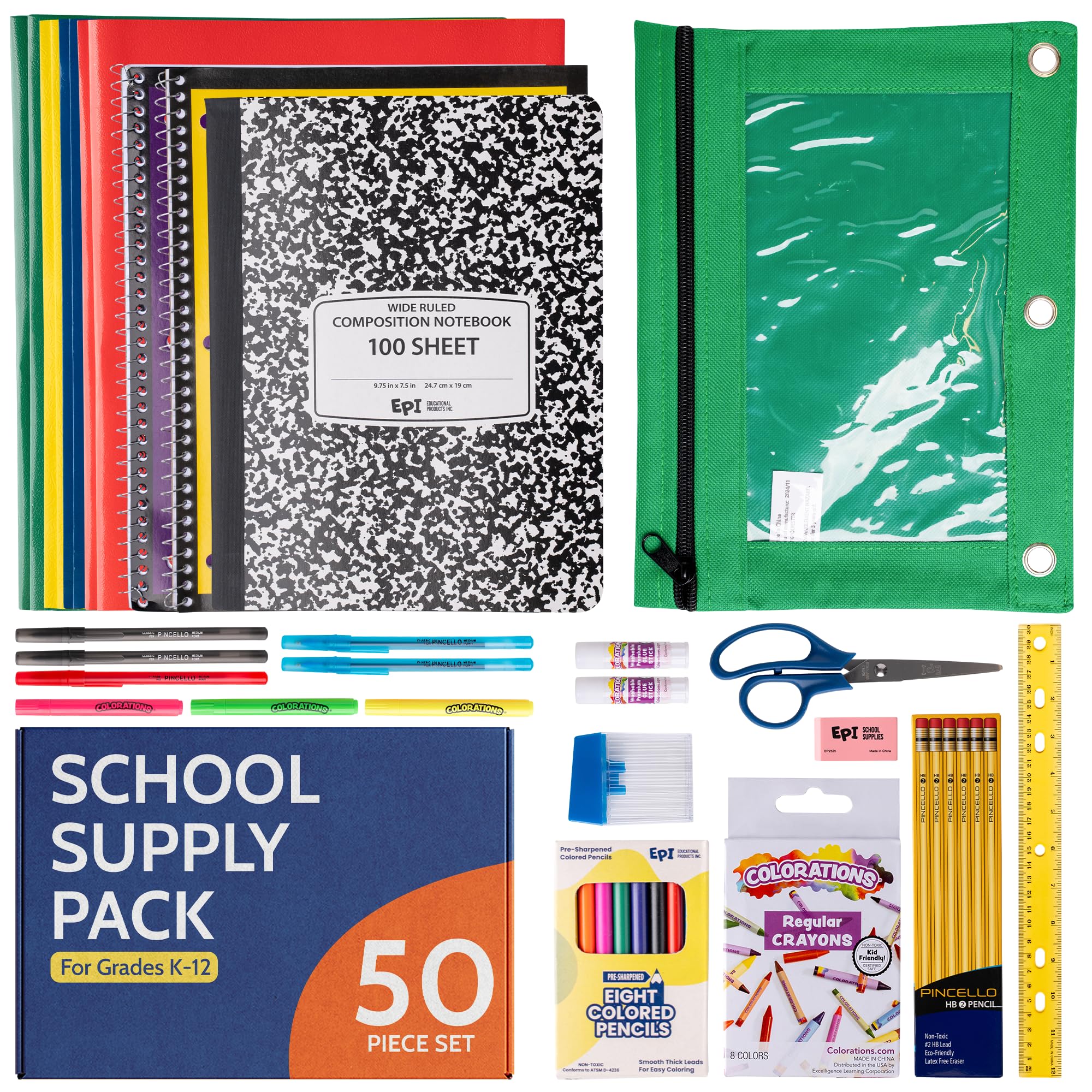 EPI Essentials Back to School Supplies for Kids 6th-12th Grade – 51 Items in Kit – Middle to High School Supply Packs – College-Ruled Bundle with Composition Notebooks – Suitable for Homeschooling