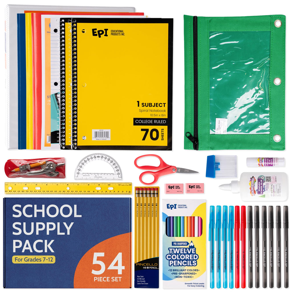 EPI Essentials Back to School Supplies for Kids 6th-12th Grade – 51 Items in Kit – Middle to High School Supply Packs – College-Ruled Bundle with Composition Notebooks – Suitable for Homeschooling
