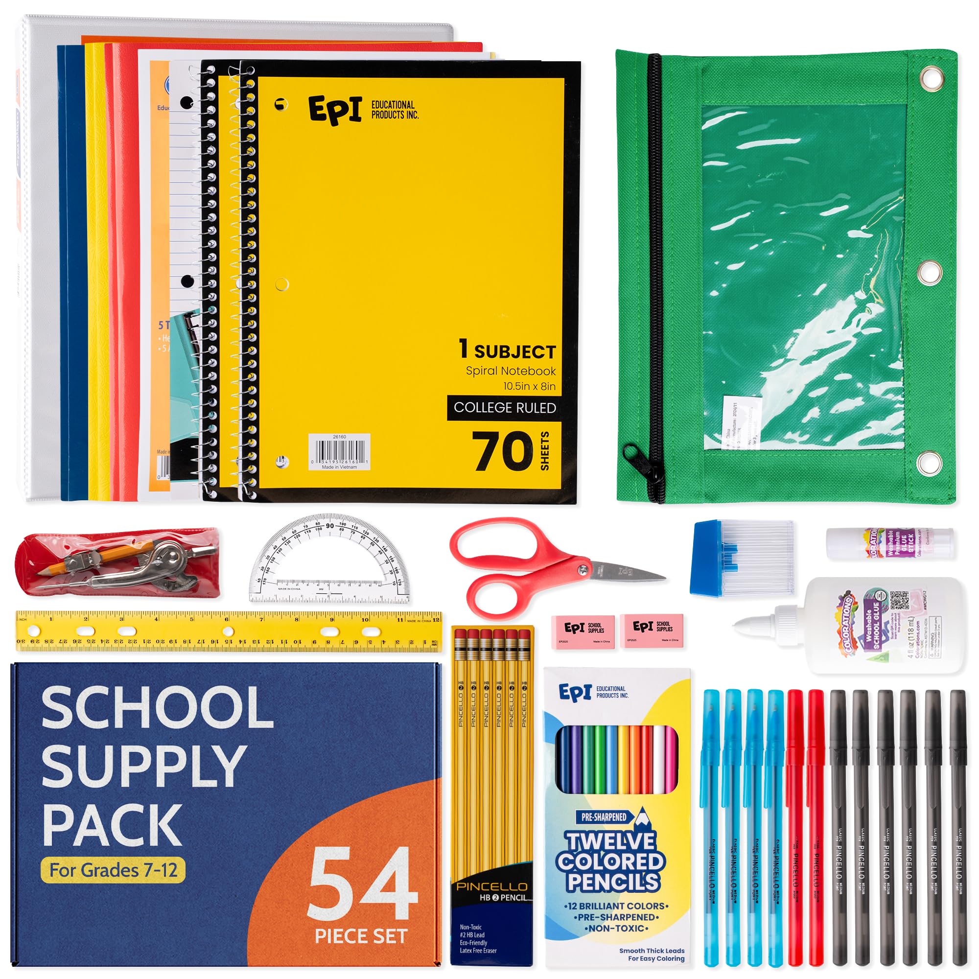 EPI Essentials Back to School Supplies for Kids 6th-12th Grade – 51 Items in Kit – Middle to High School Supply Packs – College-Ruled Bundle with Composition Notebooks – Suitable for Homeschooling