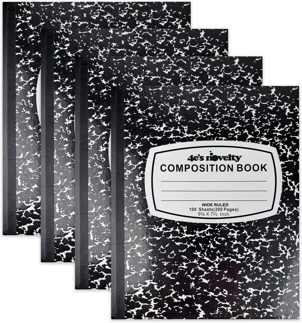 4E's Novelty Wide Ruled Composition Notebooks [4 Pack] Hard Cover 100 Sheets 9.75" x 7.5" - Black Marble Bulk Compositon Book Wide Ruling, Back to School Supplies For Students Boys Girls & College