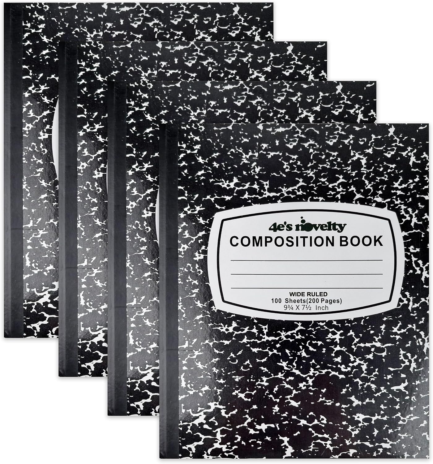 4E's Novelty Wide Ruled Composition Notebooks [4 Pack] Hard Cover 100 Sheets 9.75" x 7.5" - Black Marble Bulk Compositon Book Wide Ruling, Back to School Supplies For Students Boys Girls & College