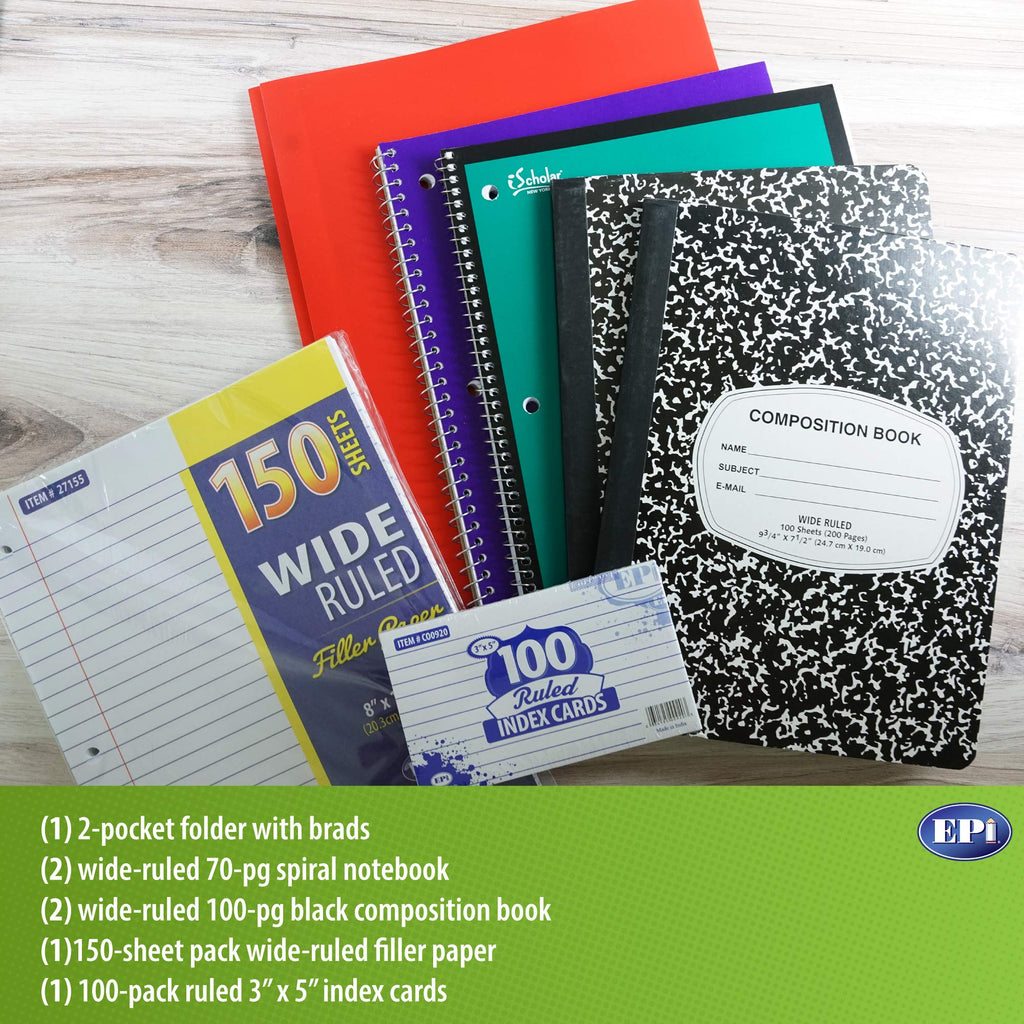 EPI Essentials Back to School Supplies for Kids 6th-12th Grade – 51 Items in Kit – Middle to High School Supply Packs – College-Ruled Bundle with Composition Notebooks – Suitable for Homeschooling