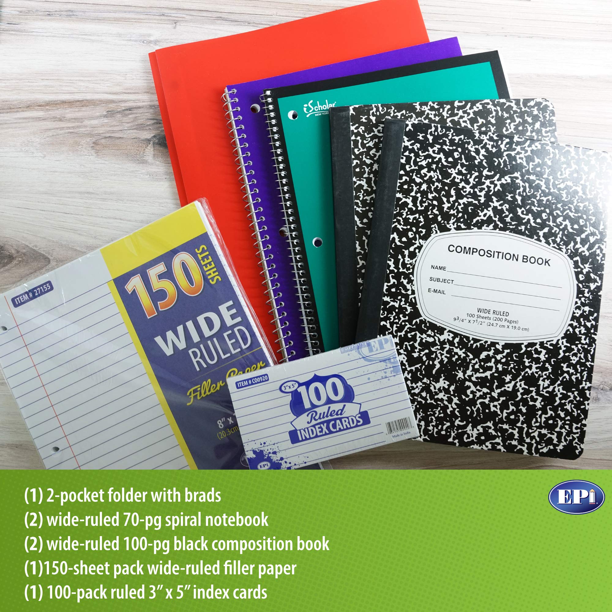 EPI Essentials Back to School Supplies for Kids 6th-12th Grade – 51 Items in Kit – Middle to High School Supply Packs – College-Ruled Bundle with Composition Notebooks – Suitable for Homeschooling