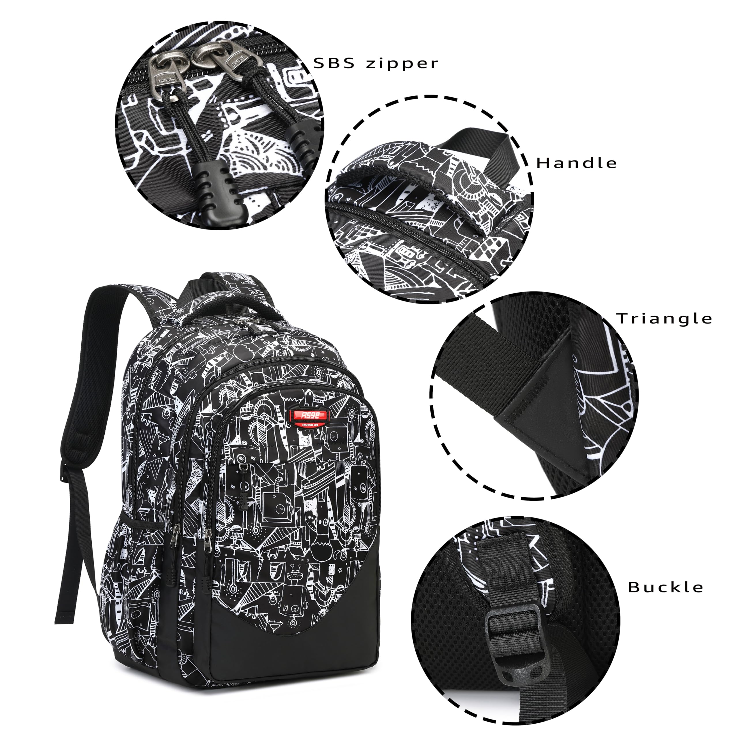 Asge Large Nylon Backpacks for Boys & Girls, Waterproof Satchel with Print, School Bags for 8-16 Years